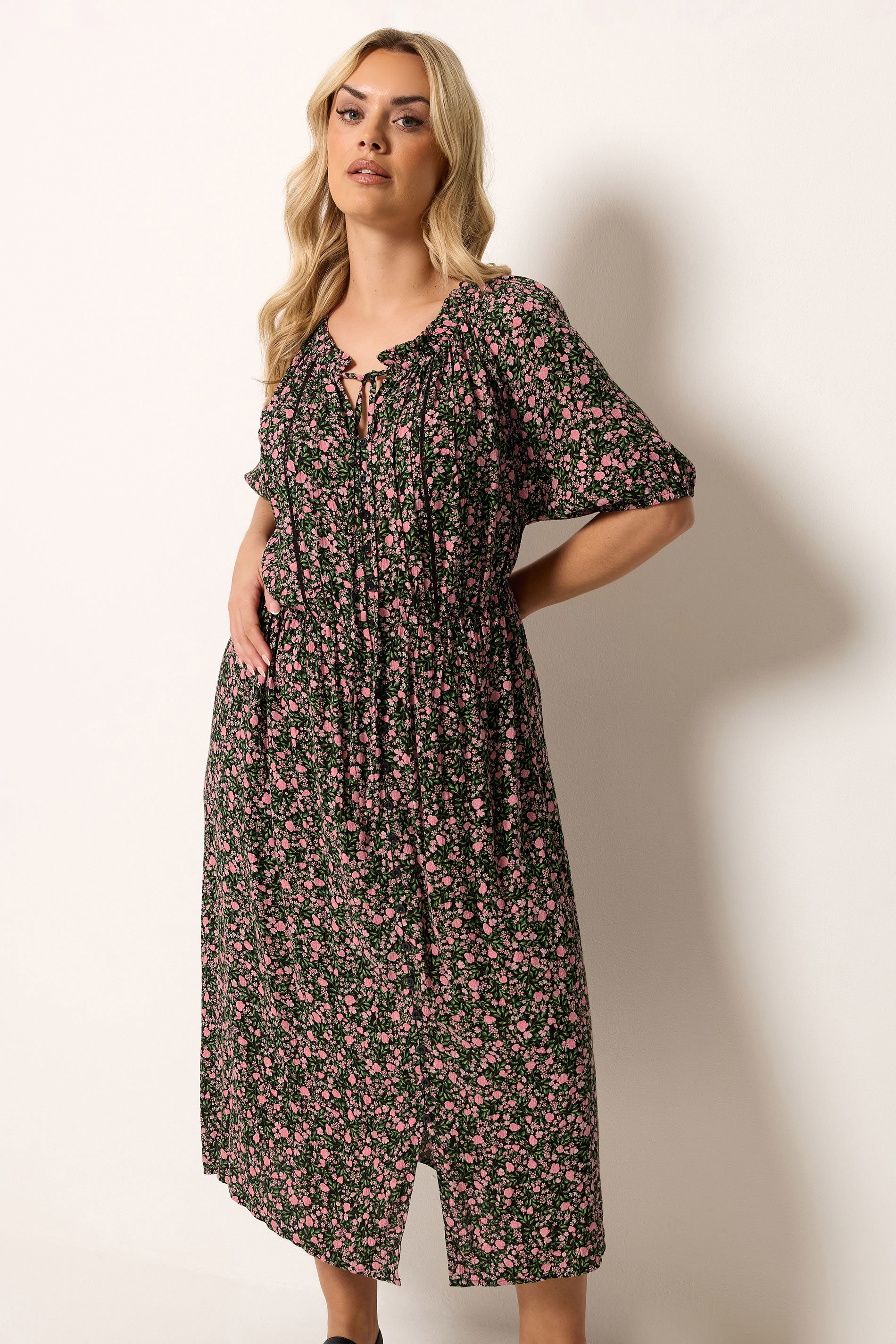YOURS Plus Size Black Ditsy Floral Pintuck Maxi Dress | Yours Clothing 3