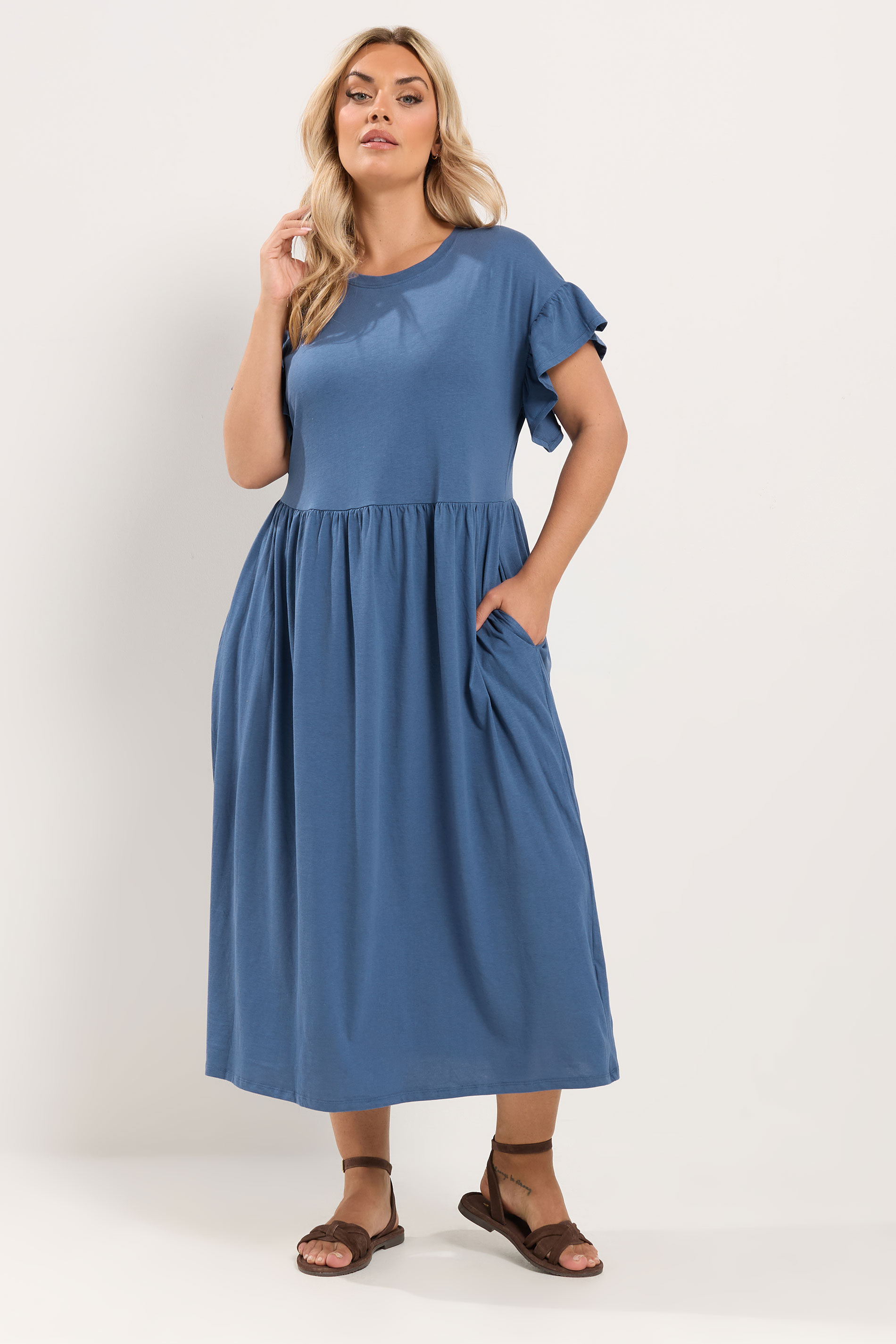 YOURS Plus Size Blue Frill Sleeve Cotton Maxi Dress | Yours Clothing 3