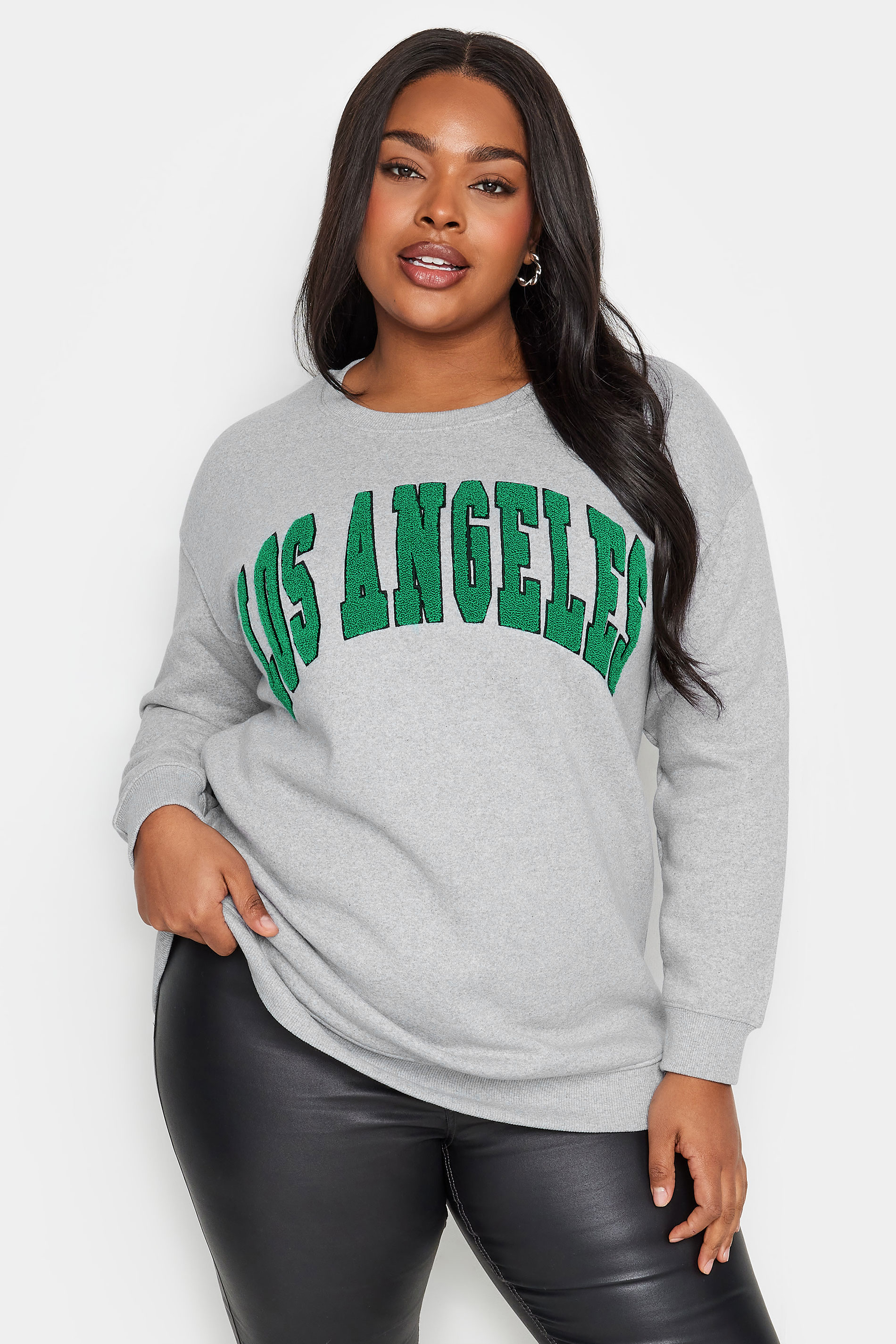 YOURS Plus Size Light Grey 'Los Angeles' Embroidered Slogan Sweatshirt | Yours Clothing 1