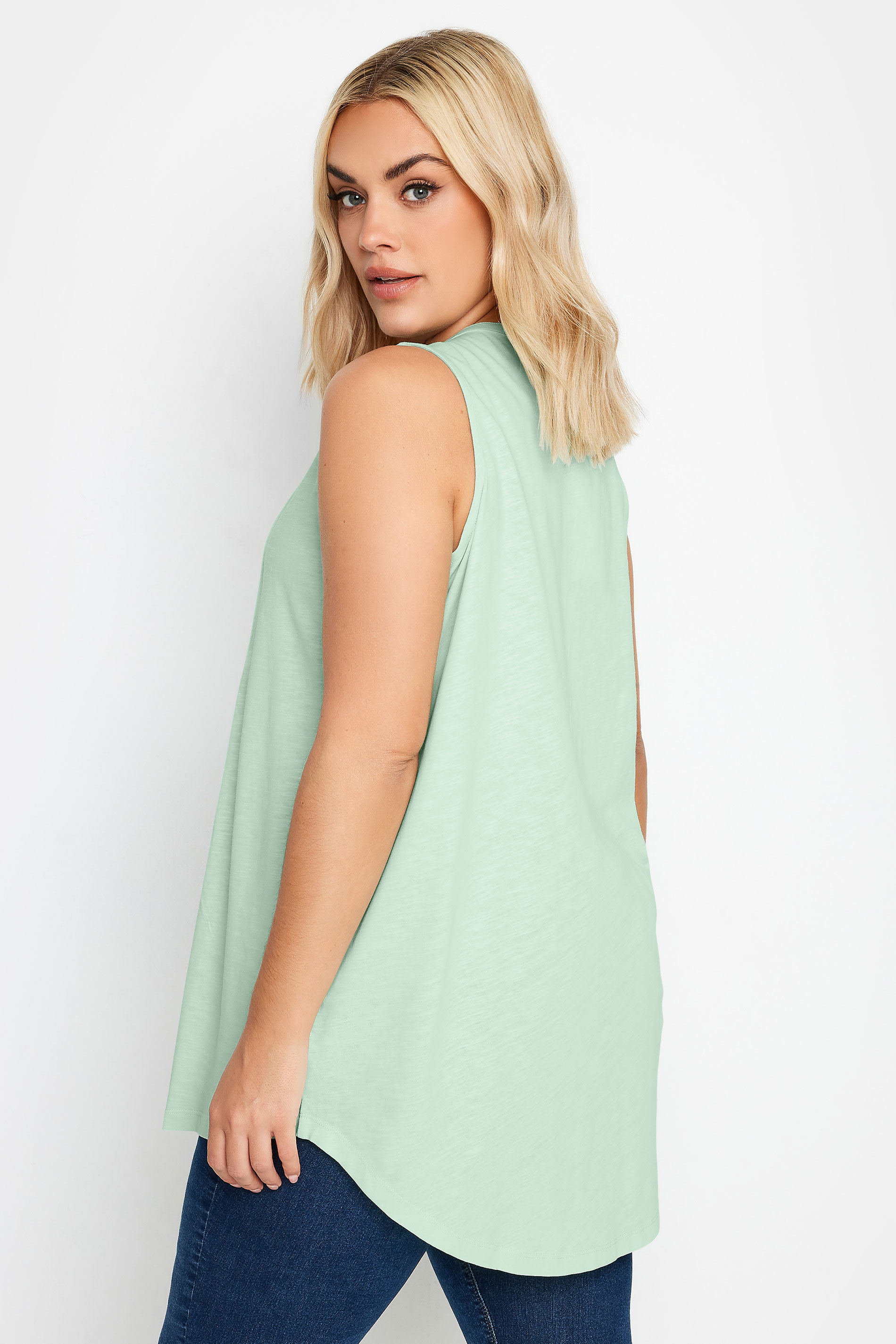 YOURS Plus Size Light Green Pintuck Henley Vest Top | Yours Clothing 3