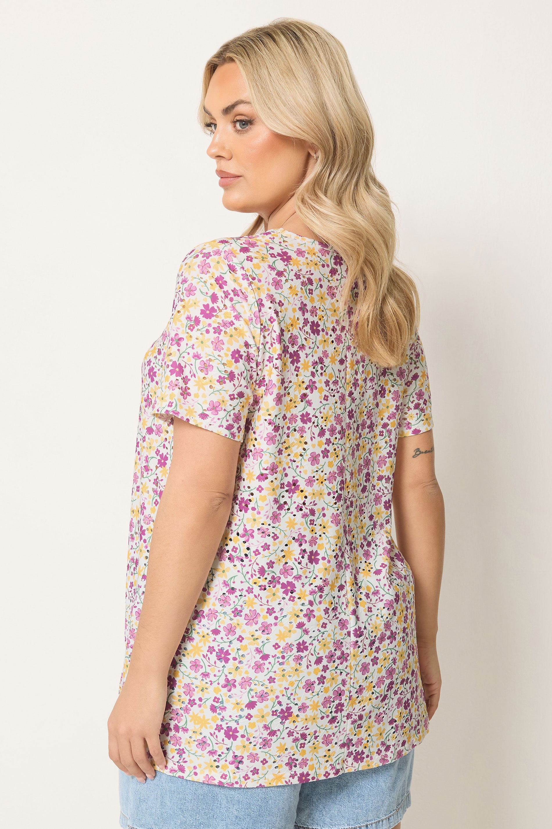 YOURS Plus Size Purple & Yellow Broderie Swing Top | Yours Clothing 2