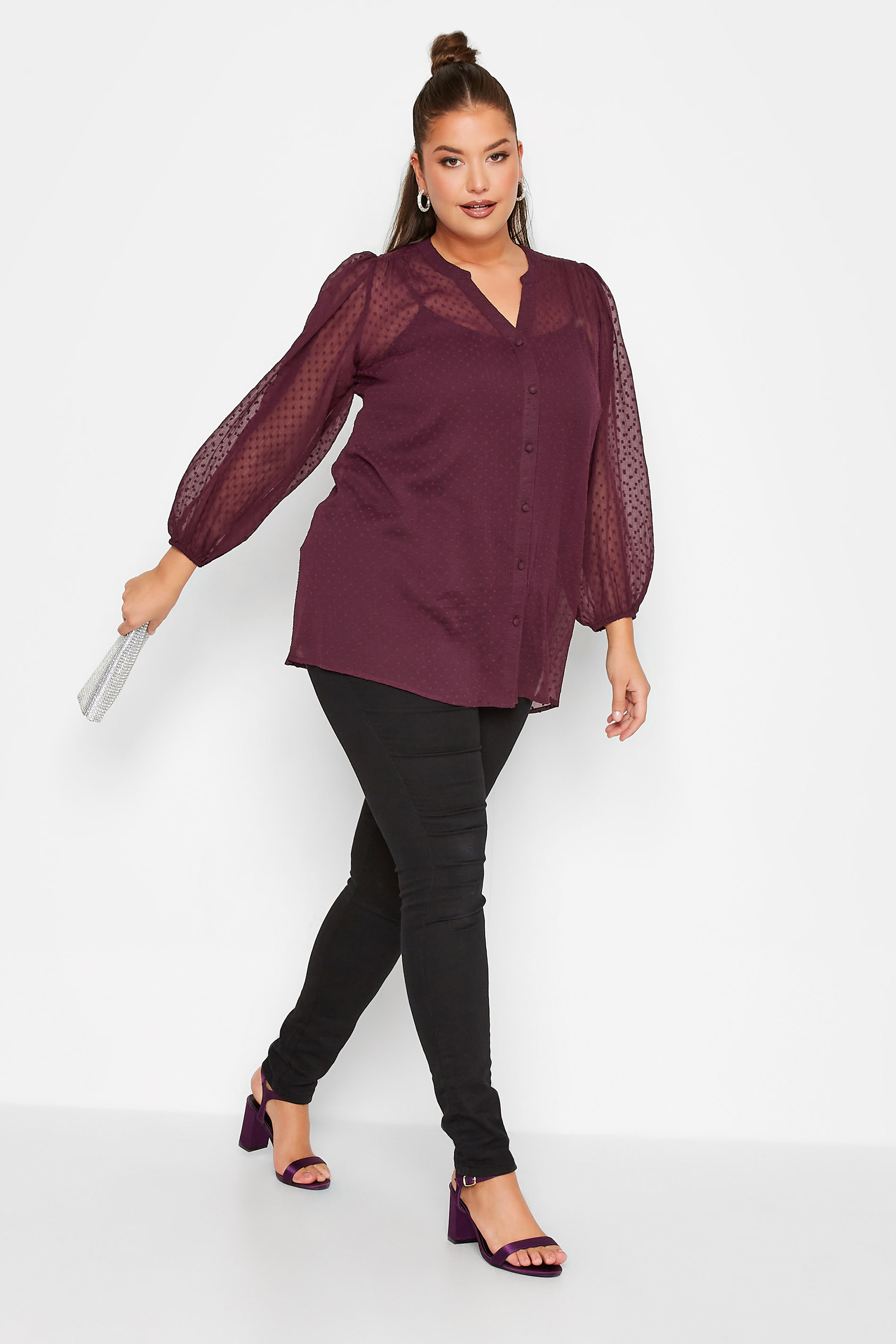 YOURS LONDON Plus Size Burgundy Red Balloon Sleeve Dobby Blouse | Yours Clothing 2