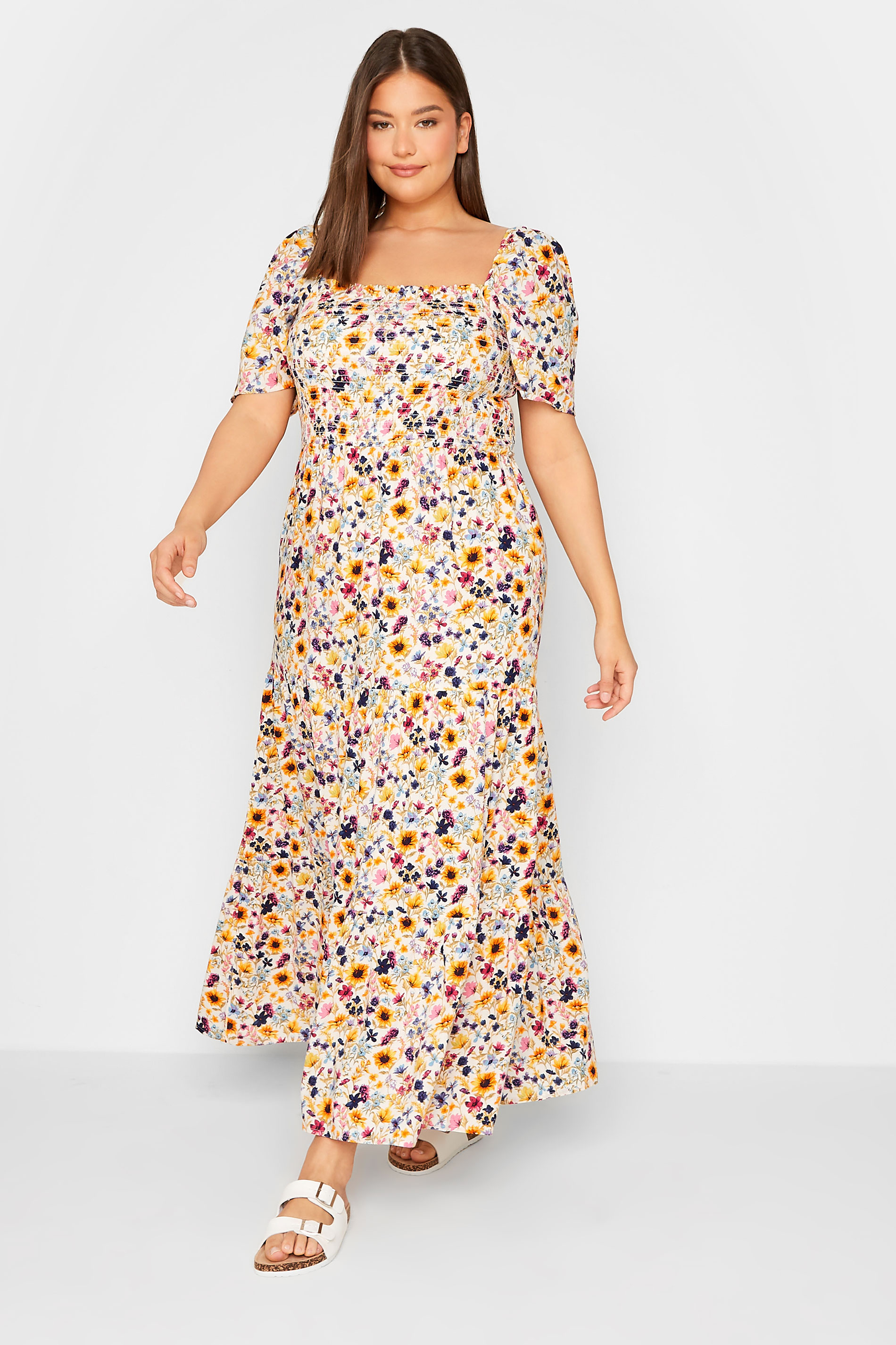 LTS Tall Women's Yellow Floral Print Shirred Maxi Dress | Long Tall Sally 1