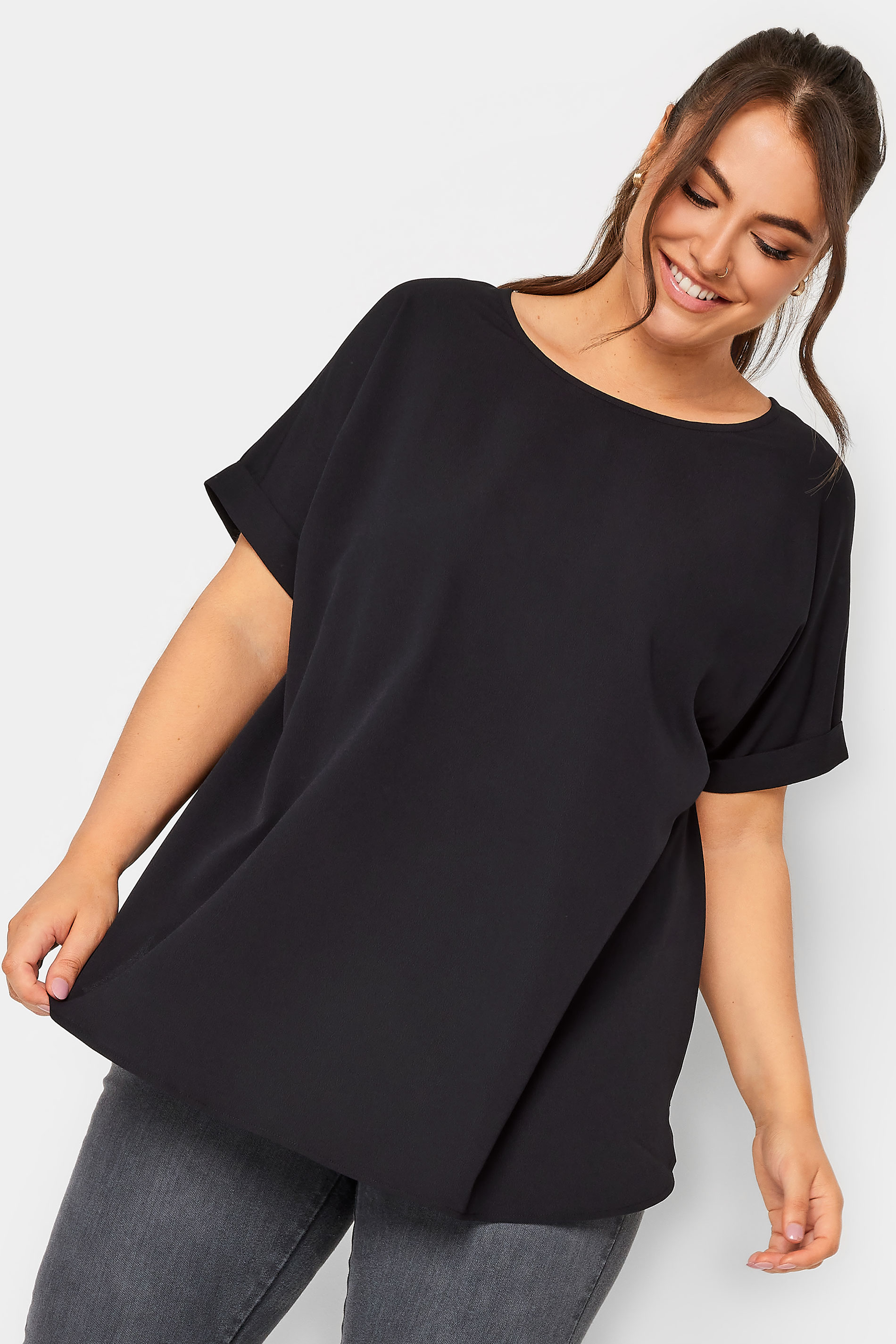 YOURS Plus Size Black Short Sleeve Boxy Top | Yours Clothing 1