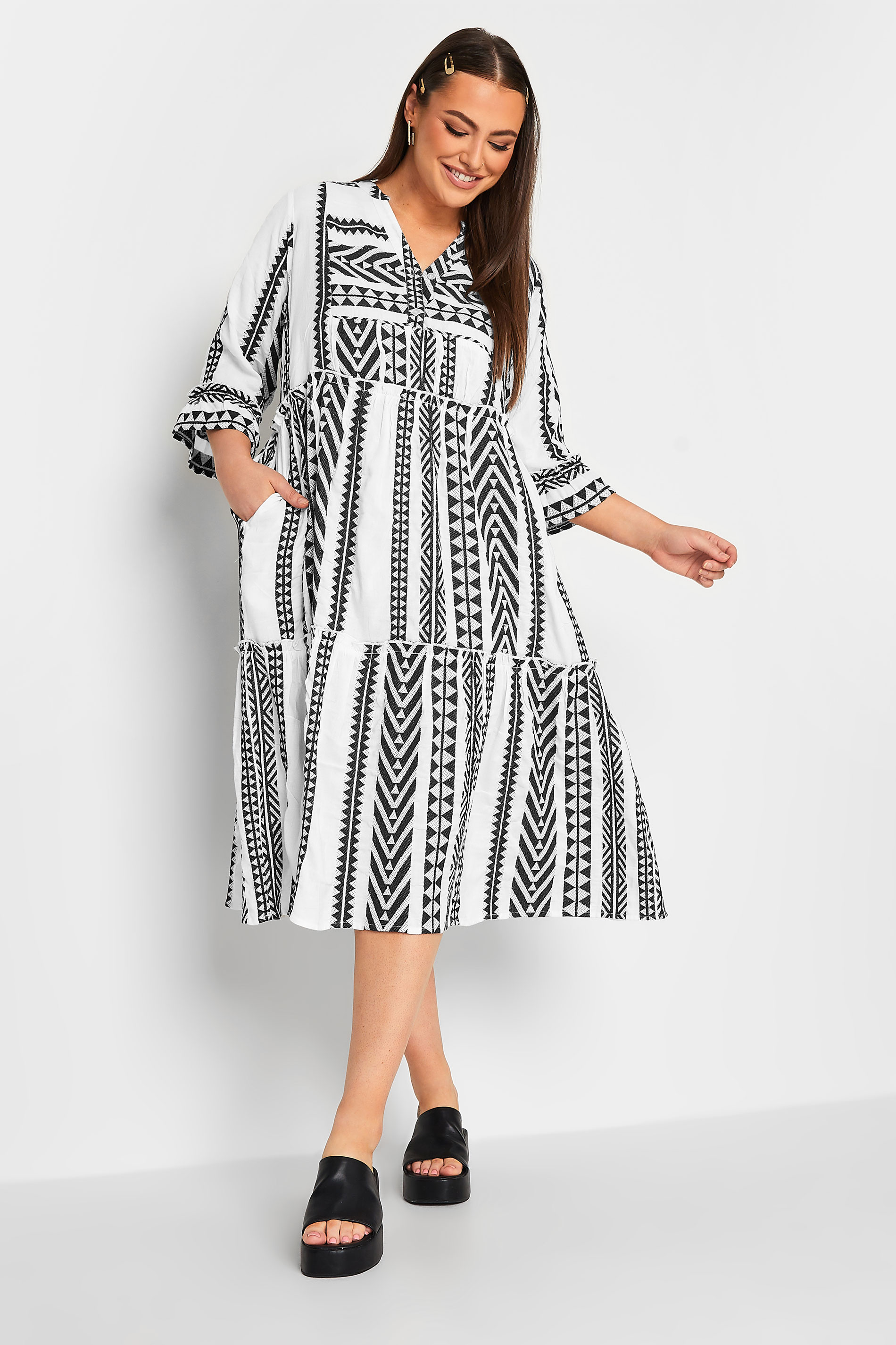 LIMITED COLLECTION Plus Size White Aztec Print Smock Midi Dress | Yours Clothing 1