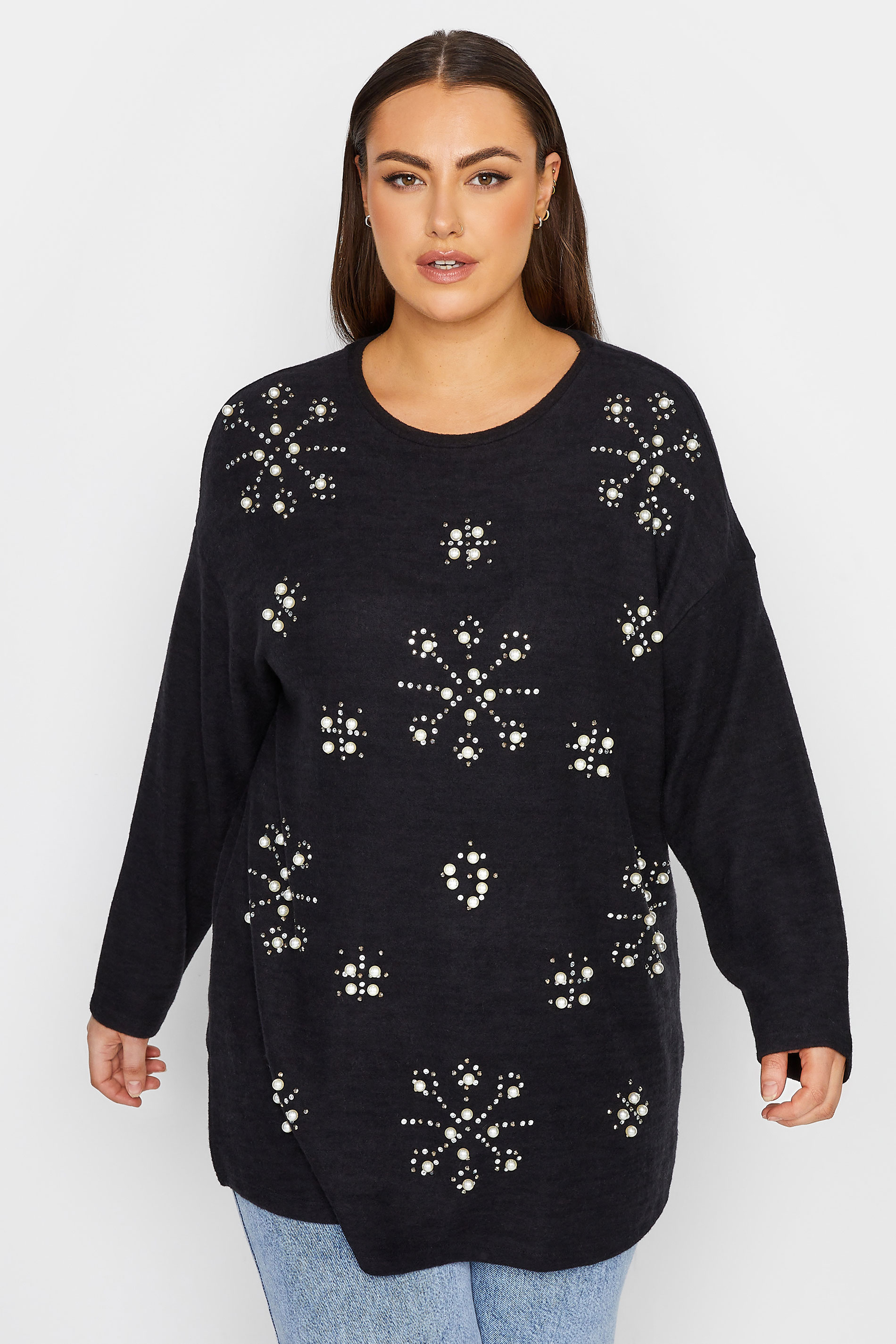 YOURS LUXURY Curve Black Stud & Pearl Embellished Sweatshirt | Yours Clothing 2