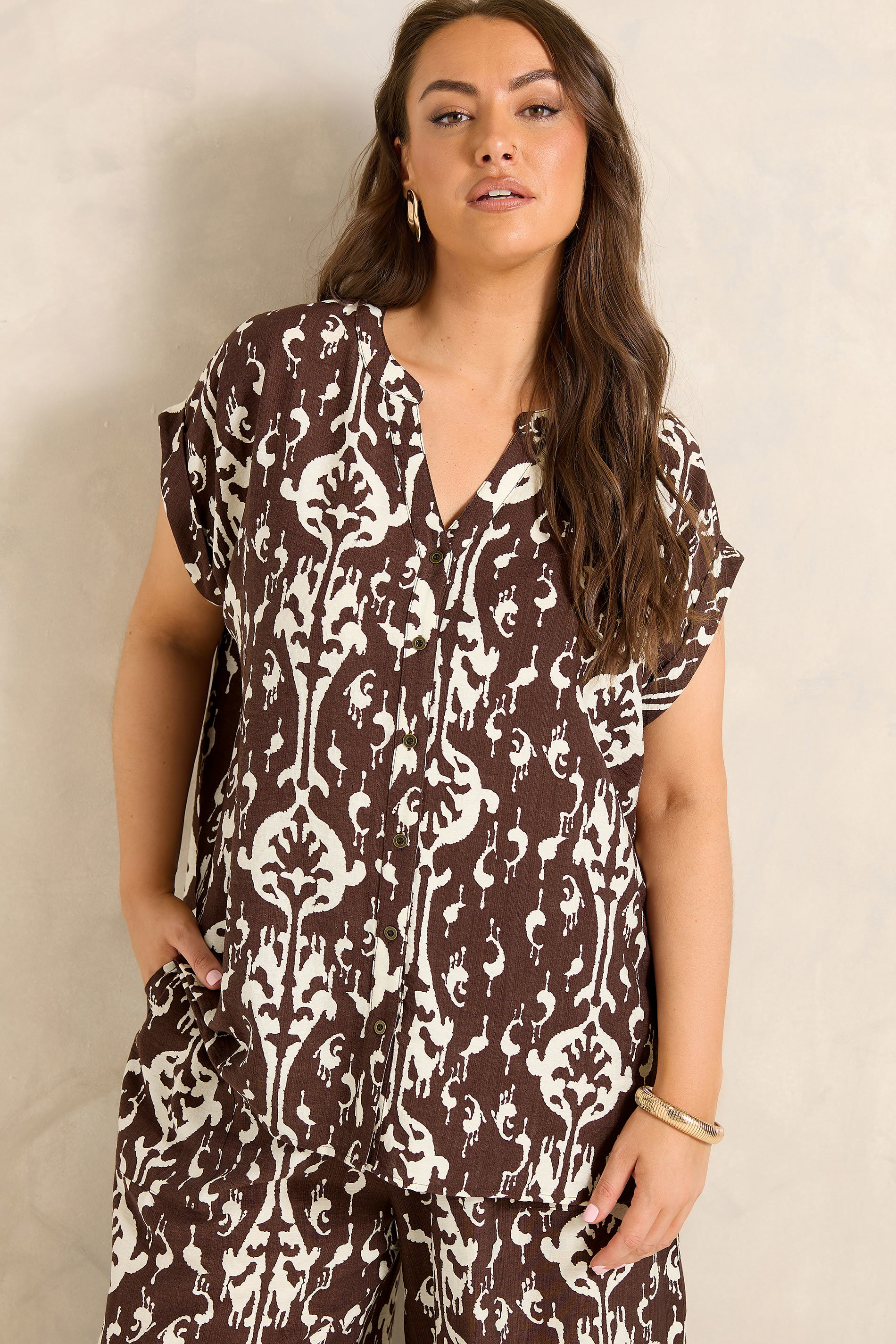 EVANS Plus Size Chocolate Brown Abstract Shirt | Evans 3