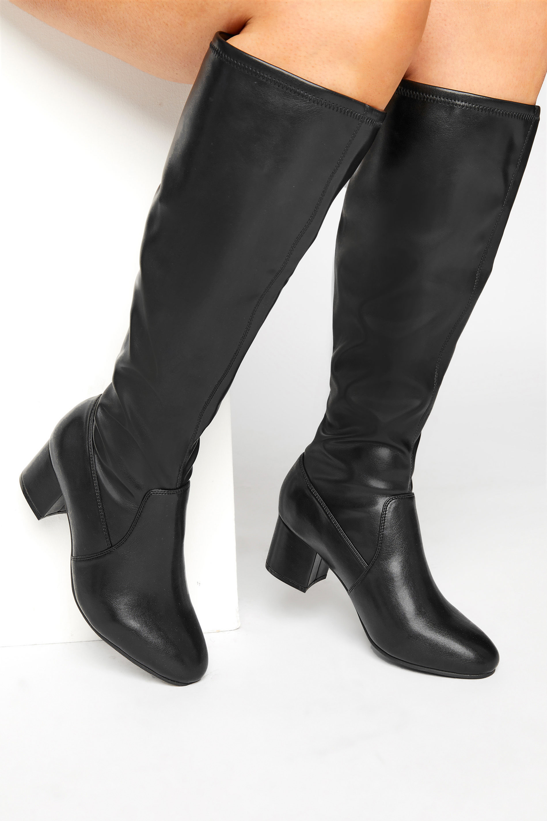 Black Faux Leather Stretch Knee Boots In Extra Wide Fit | Yours Clothing