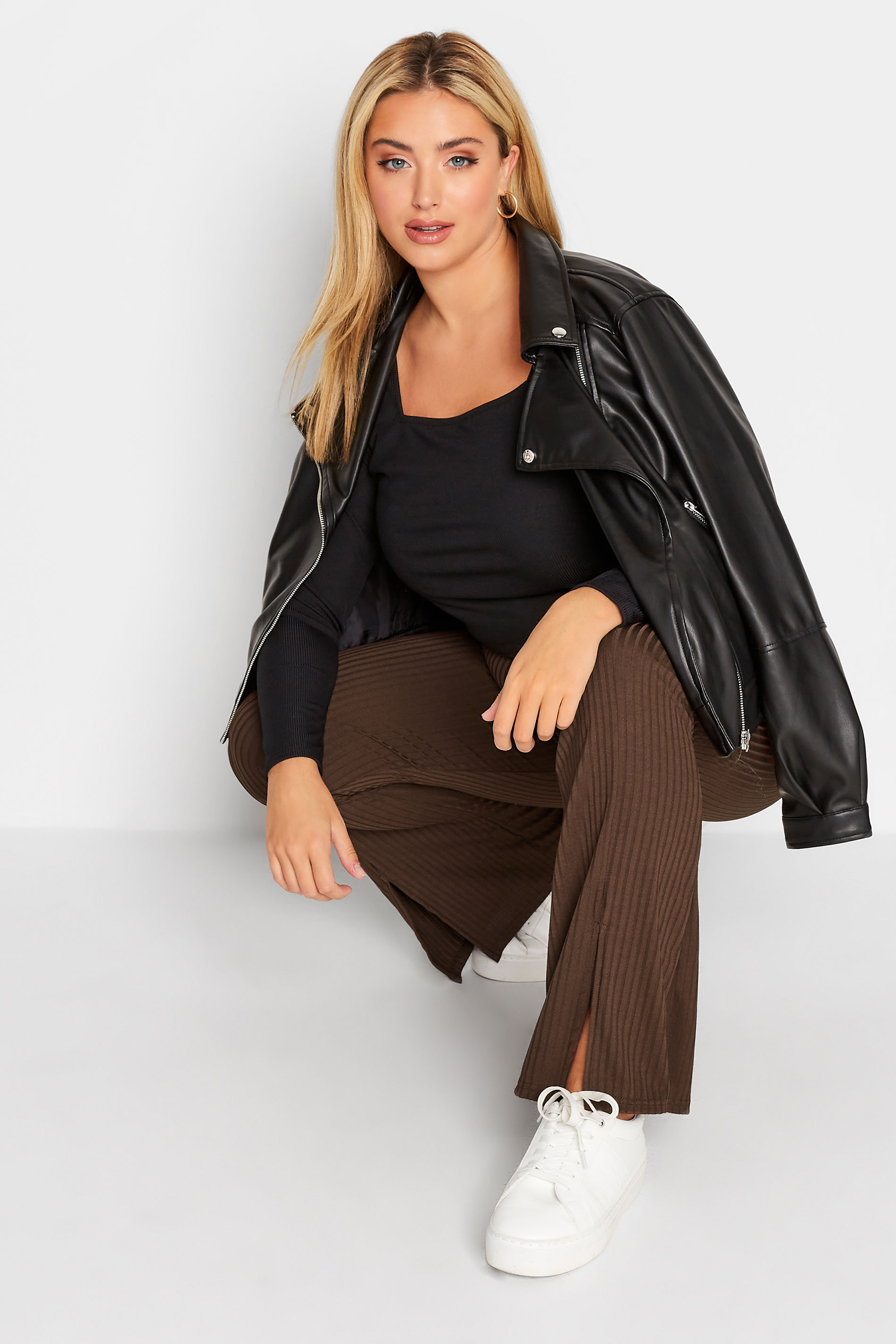 Plus Size Chocolate Brown Ribbed Split Front Flared Trousers | Yours Clothing 3