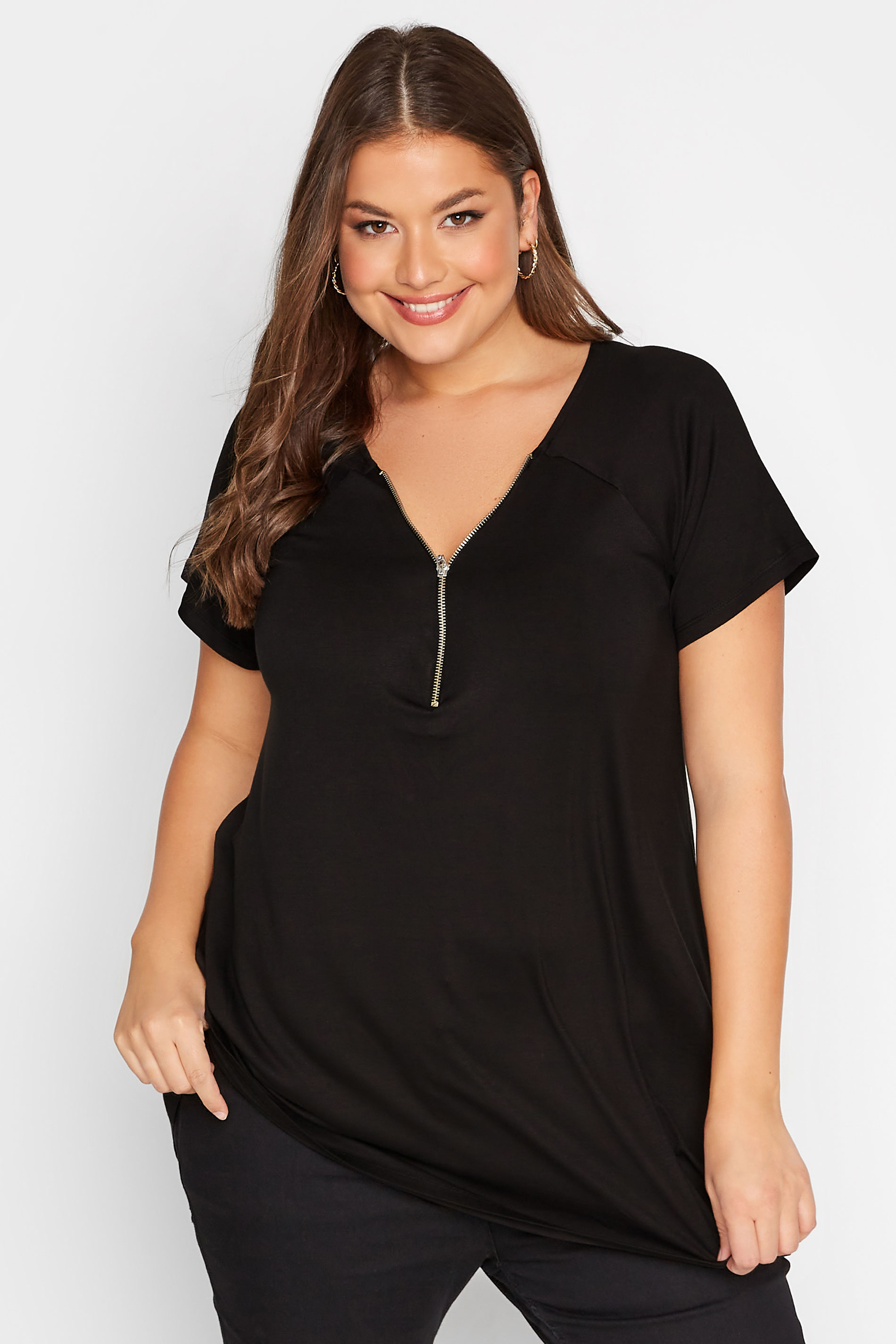 Plus Size Black V-Neck Zip Swing Top | Yours Clothing 1
