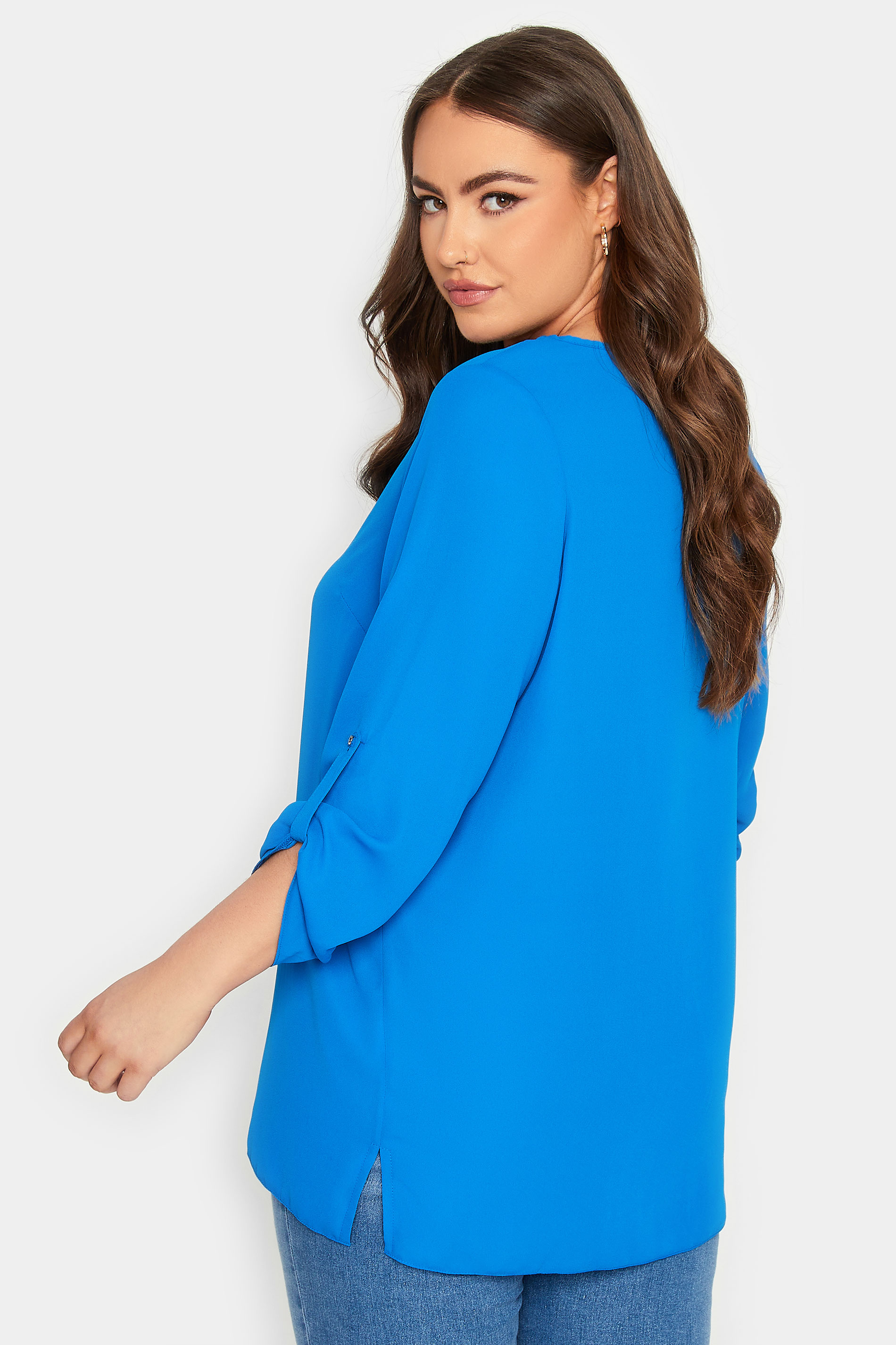 YOURS Plus Size Blue Tab Sleeve Blouse | Yours Clothing 3