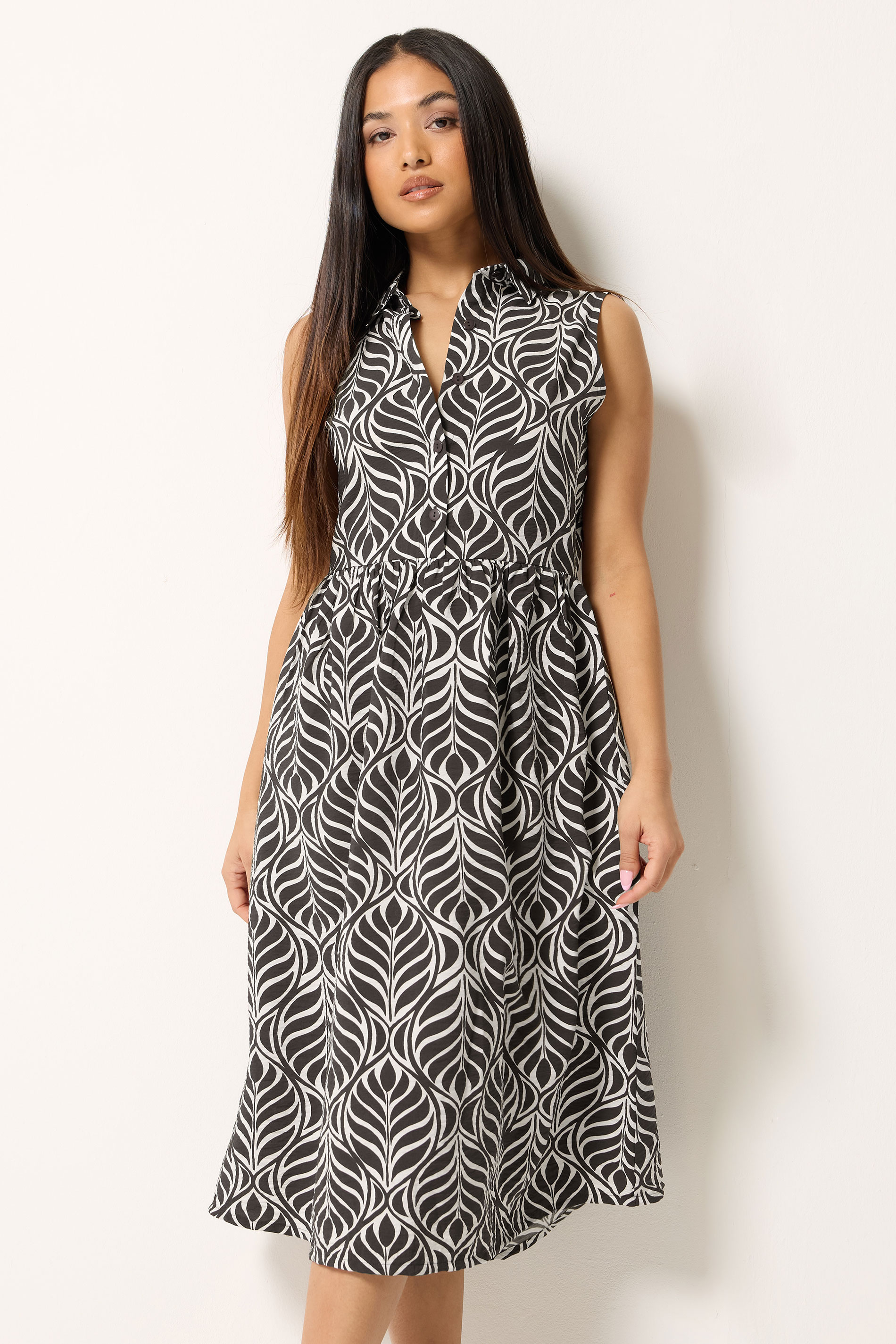 M&Co Petite Chocolate Brown Abstract Print Sleeveless Shirt Dress | M&Co 3