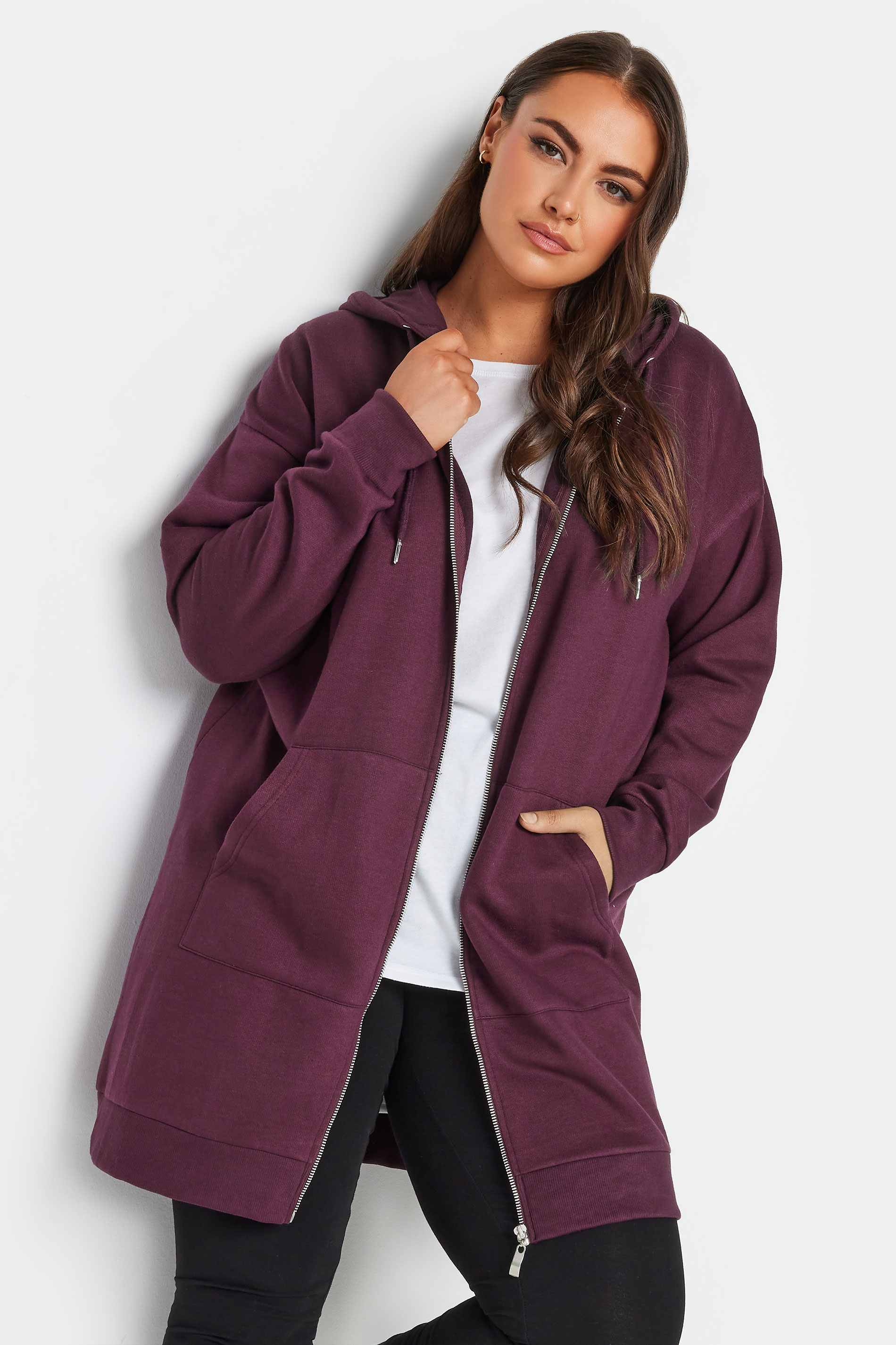 YOURS Plus Size Burgundy Red Longline Zip Hoodie | Yours Clothing 1