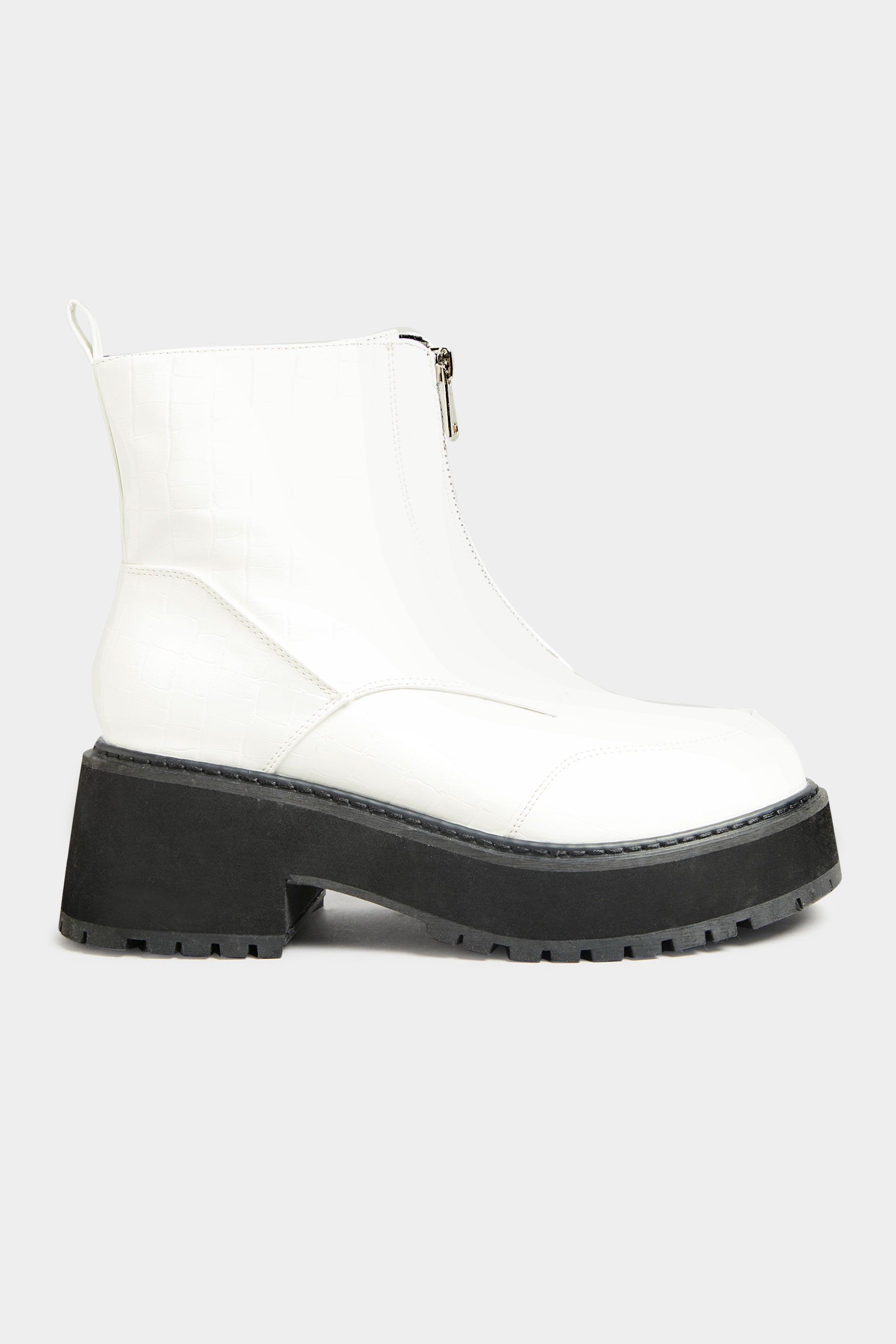 White Croc Leather Look Zip Chunky Boots In Wide Fit | Yours Clothing 3