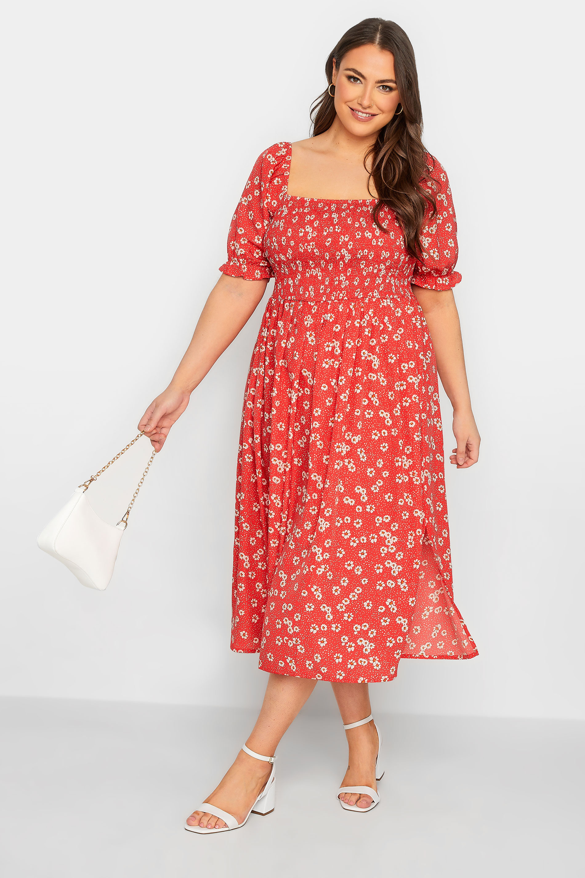 YOURS Curve Red Daisy Print Shirred Maxi Dress | Yours Clothing  2