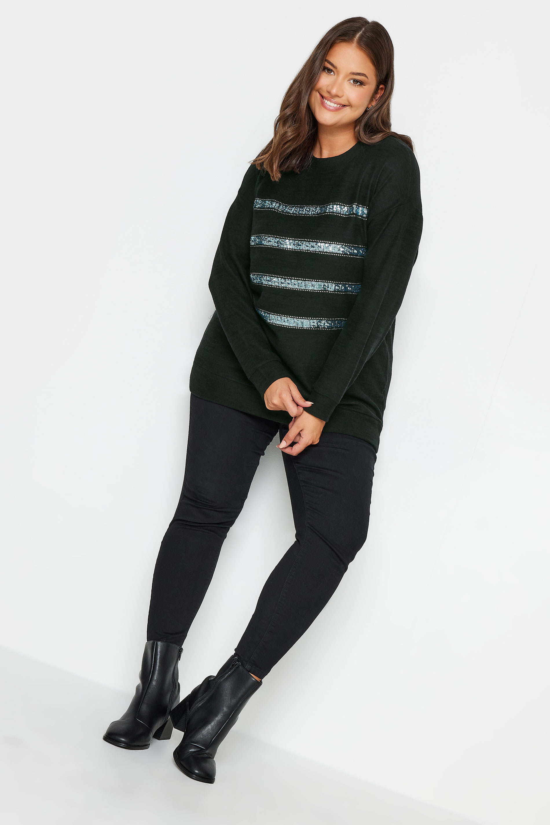 Curve Plus Size Black Glitter Stripe Print Soft Touch Long Sleeve Top | Yours Clothing  2