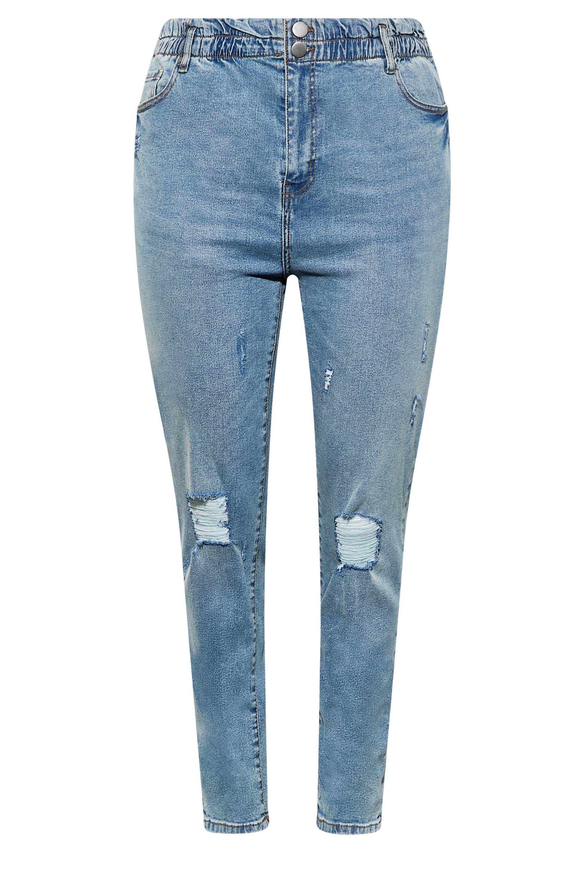 Plus Size Blue Ripped Elasticated MOM Jeans | Yours Clothing