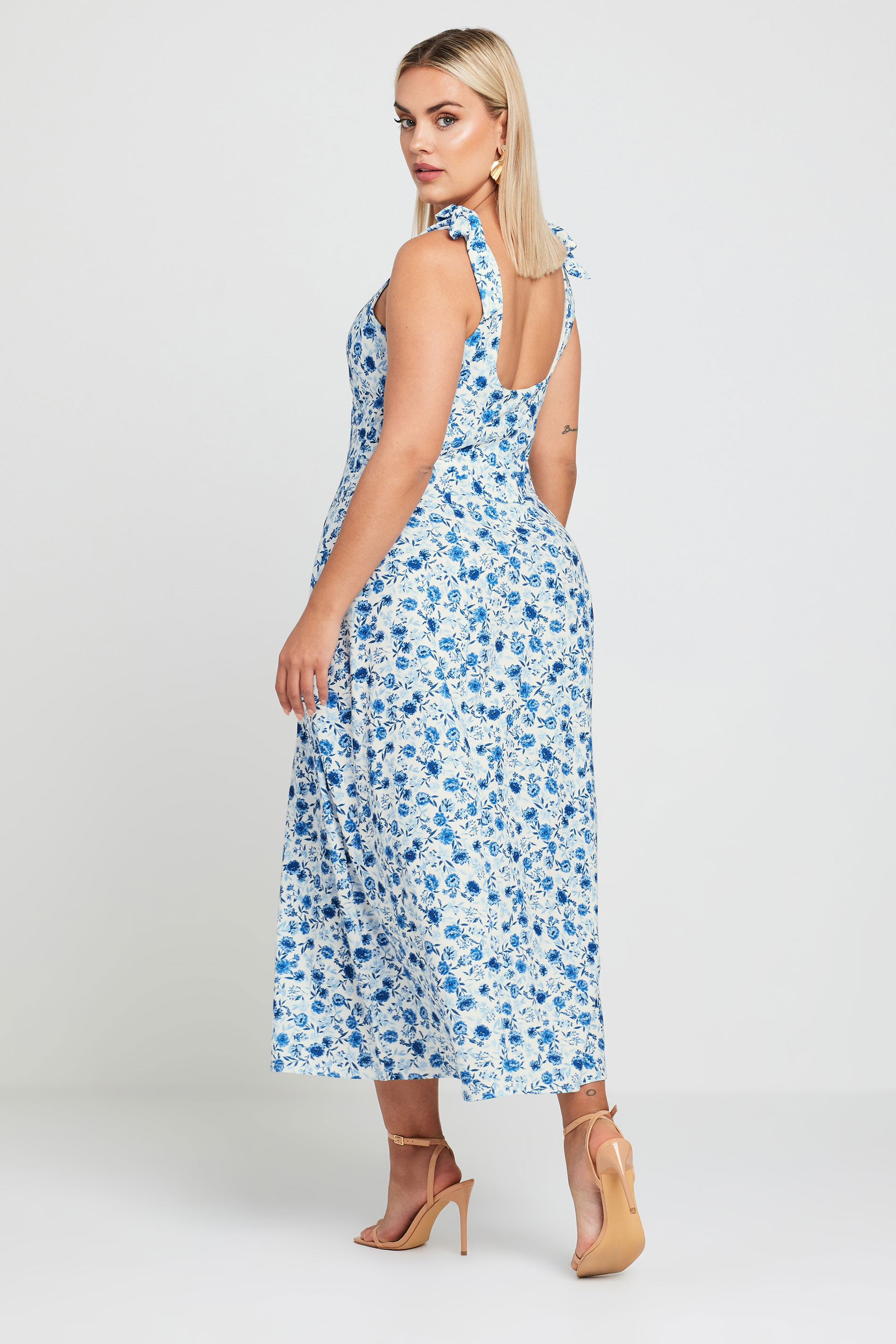 LIMITED COLLECTION Plus Size Blue Floral Print Bow Strap Midaxi Dress | Yours Clothing 3