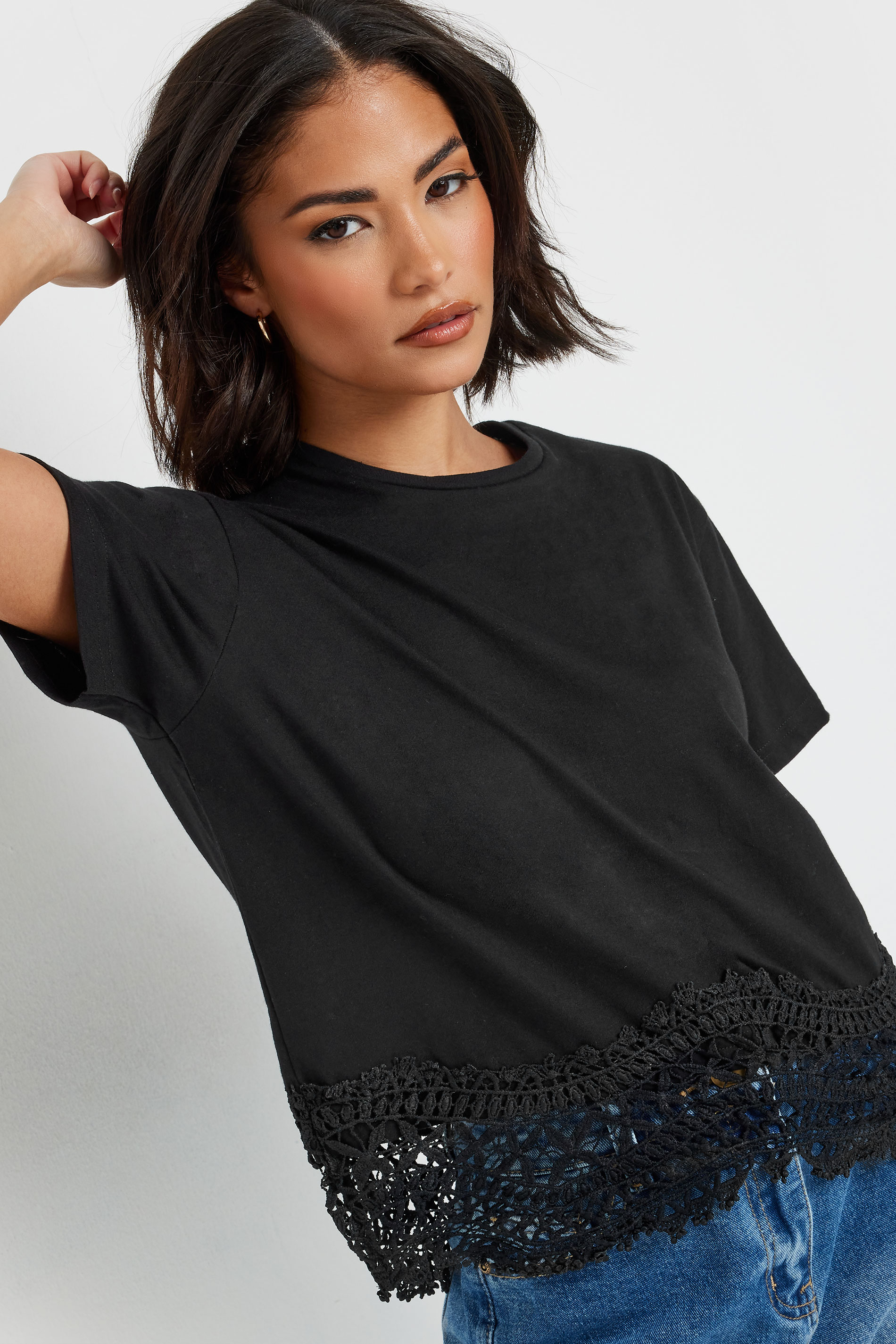 PixieGirl Petite Women's Black Crochet Hemline Cotton T-Shirt | PixieGirl 4