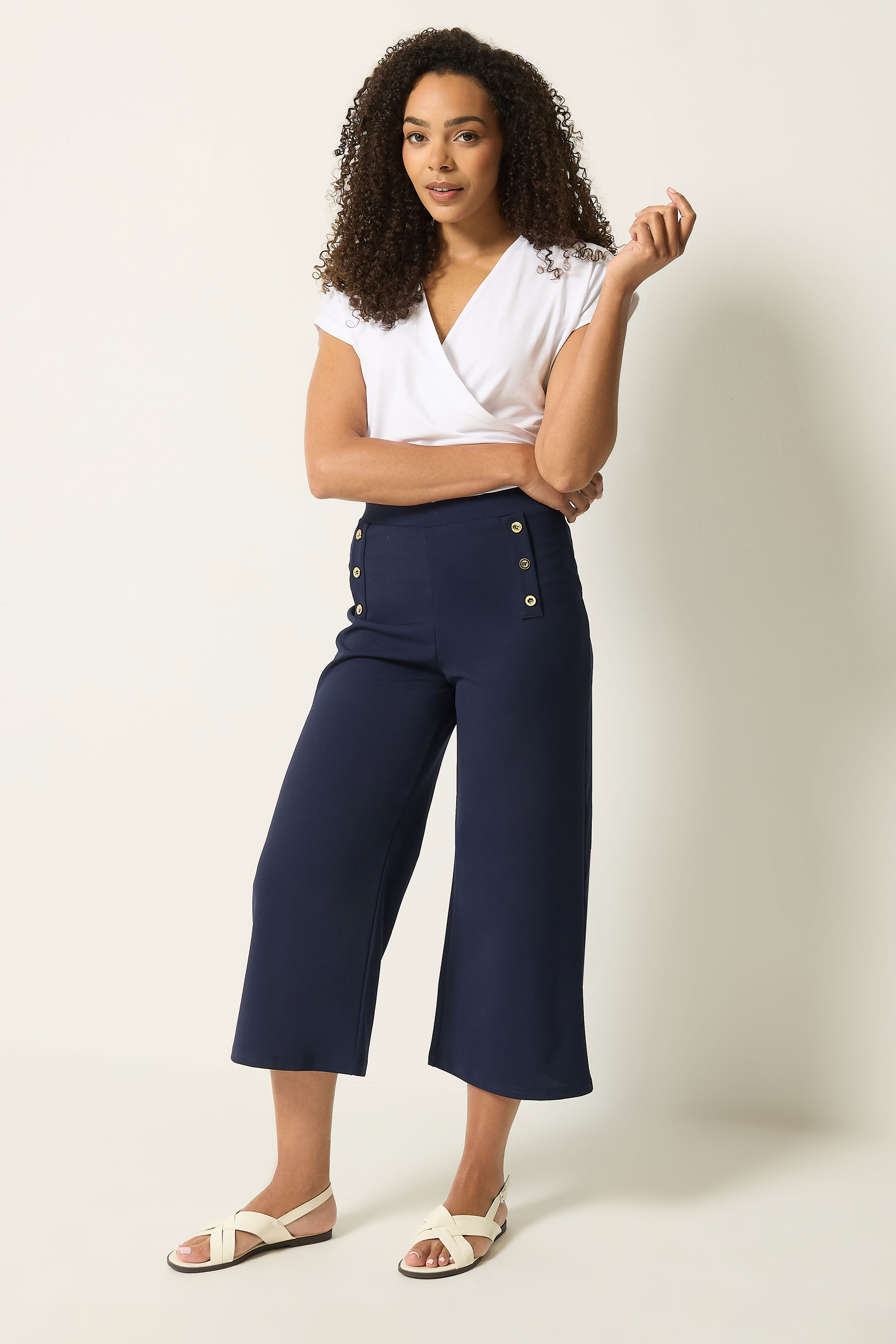 M&Co Navy Blue Military Button Cropped Trousers | M&Co 1