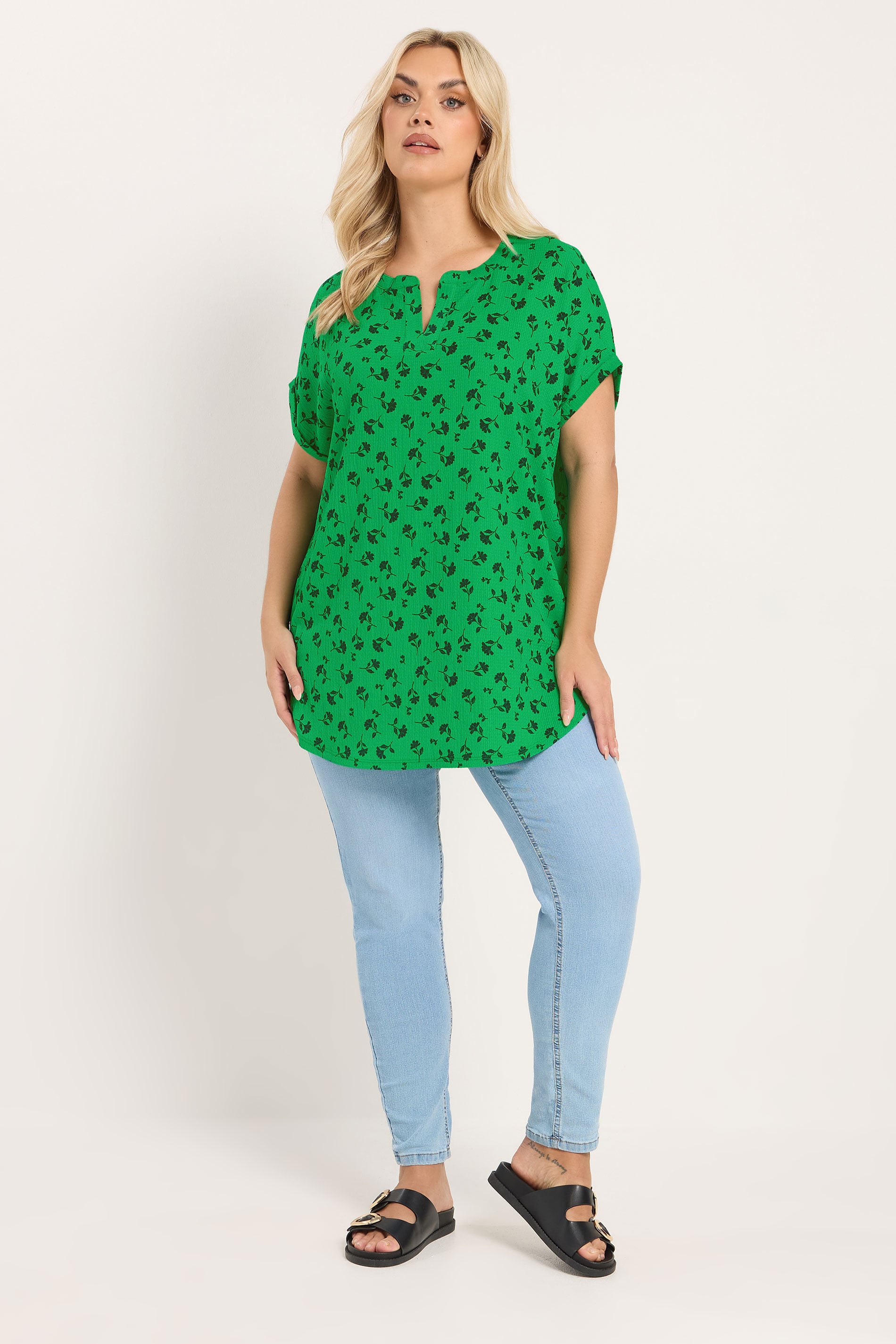 YOURS Plus Size Green Floral Notch Neck Top | Yours Clothing 1