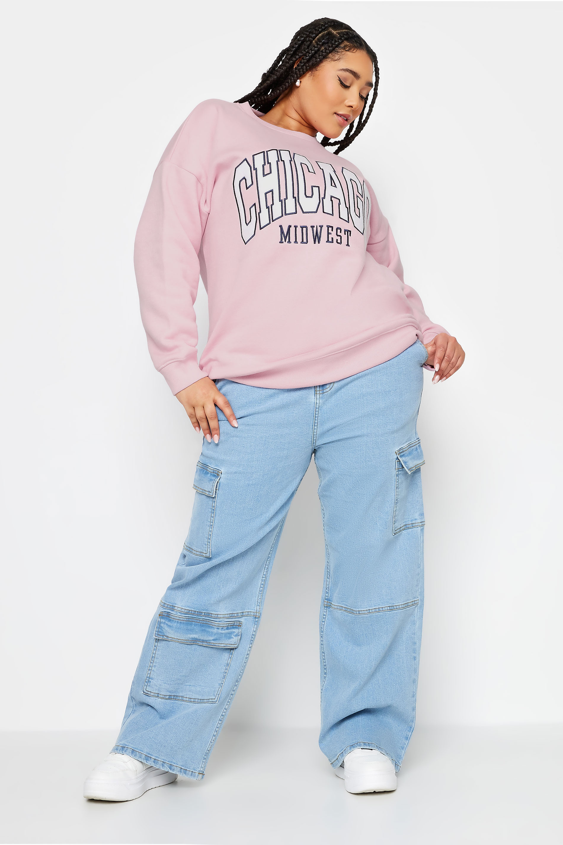 YOURS Plus Size Pink 'Chicago' Crew Neck Sweatshirt | Yours Clothing 3