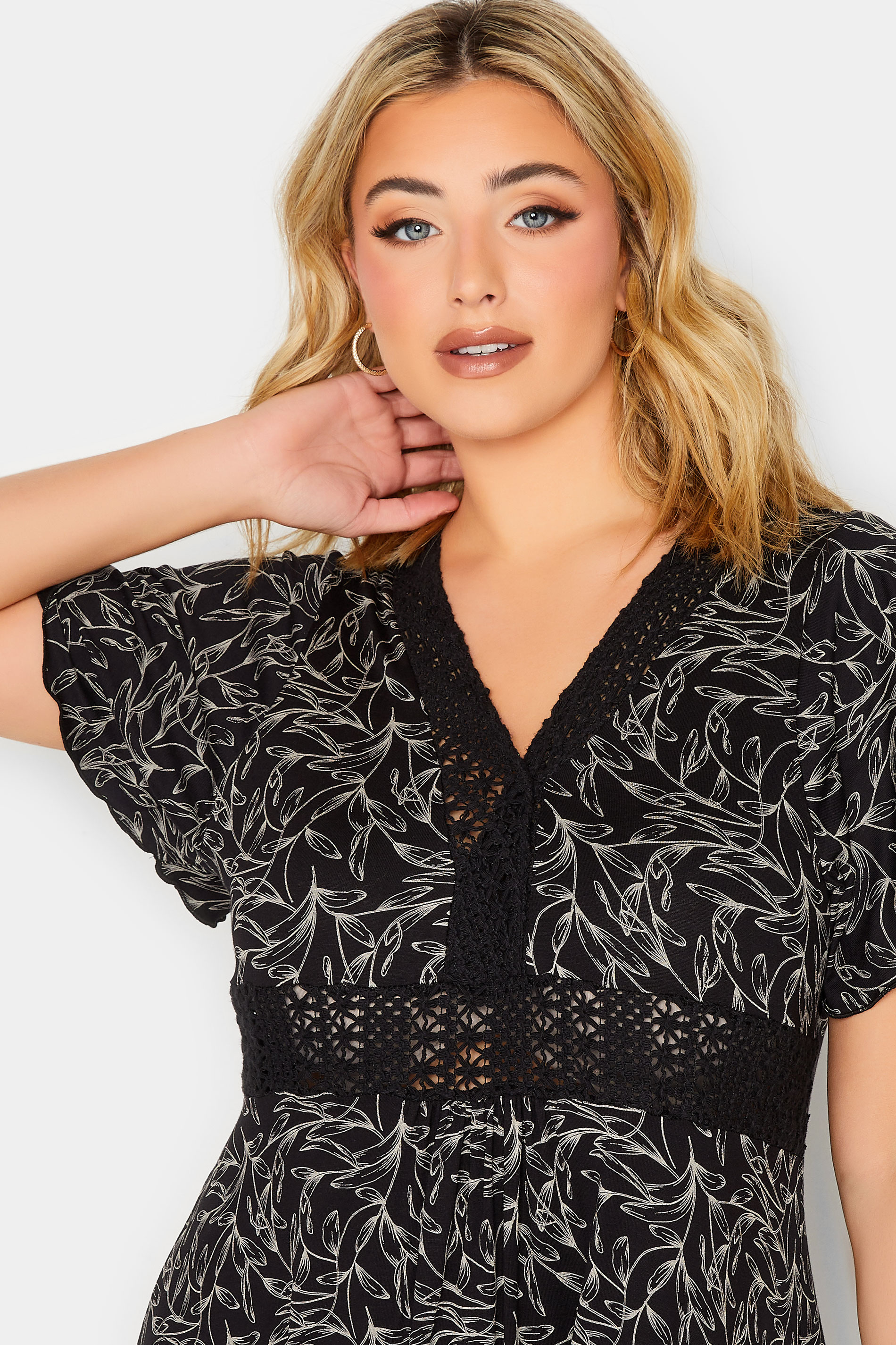 YOURS Curve Plus Size Black Floral V-Neck Lace Midi Dress | Yours Clothing