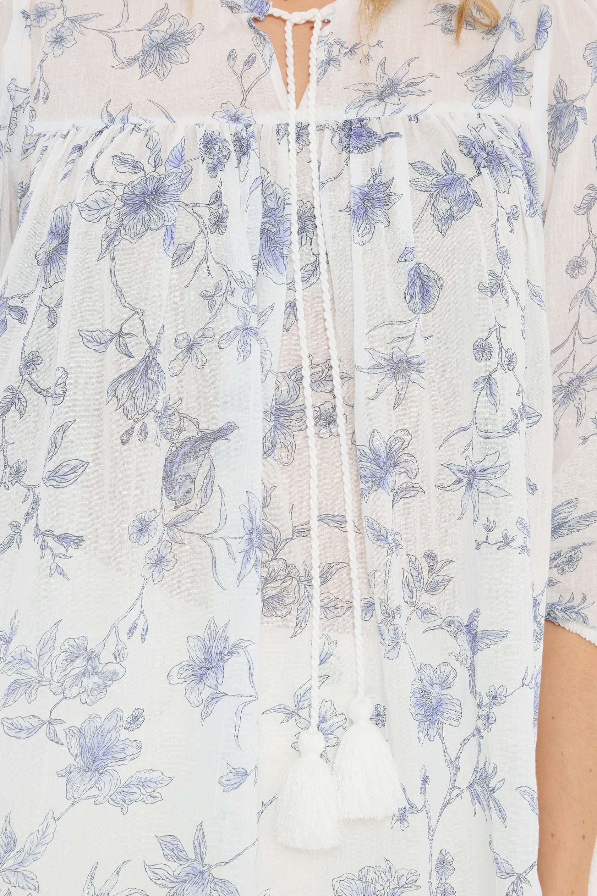 LTS Tall Women's Blue & White Floral Tassel Tie Cotton Blouse | Long Tall Sally 4