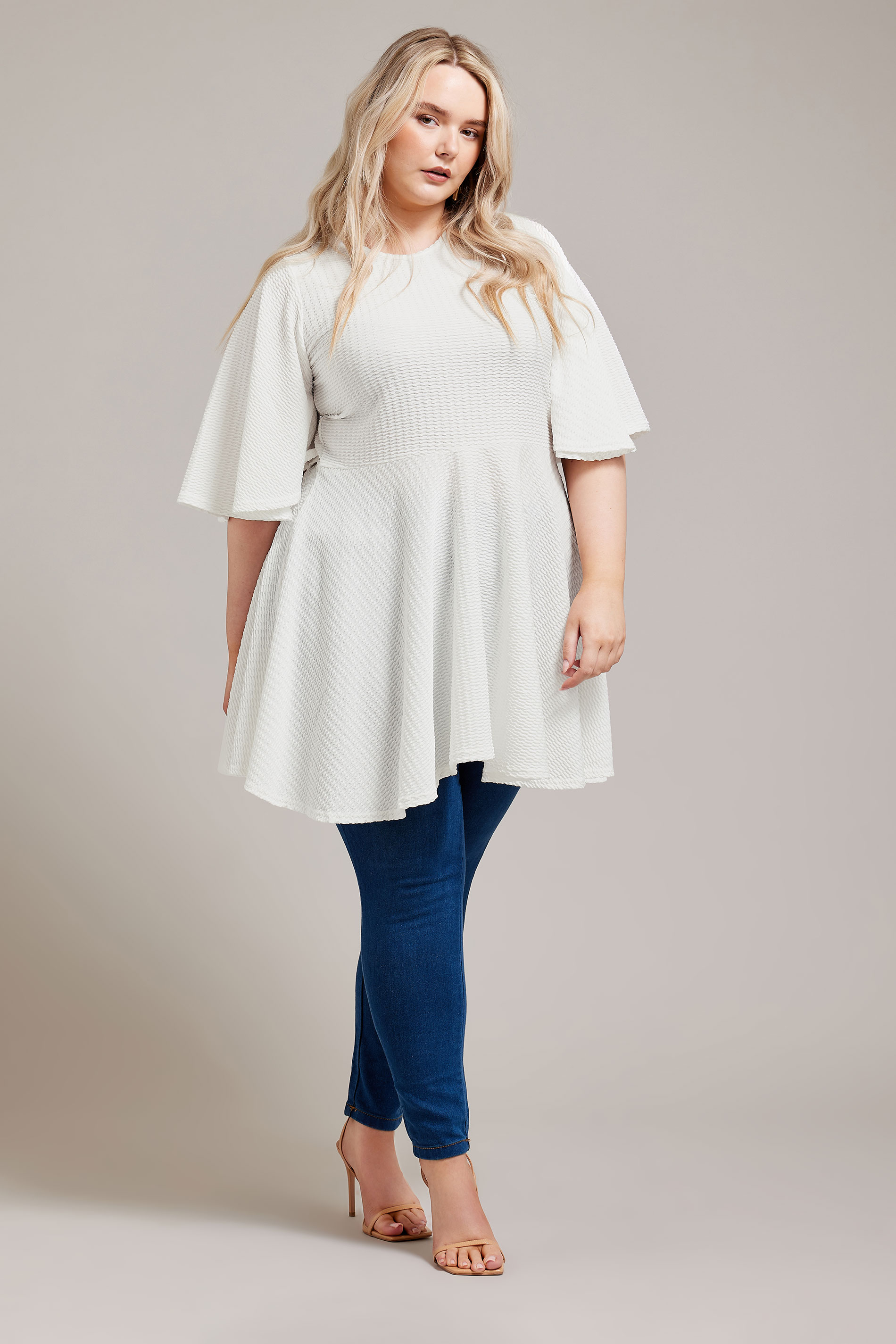 YOURS LONDON Plus Size White Angel Sleeve Jacquard Top | Yours Clothing 2