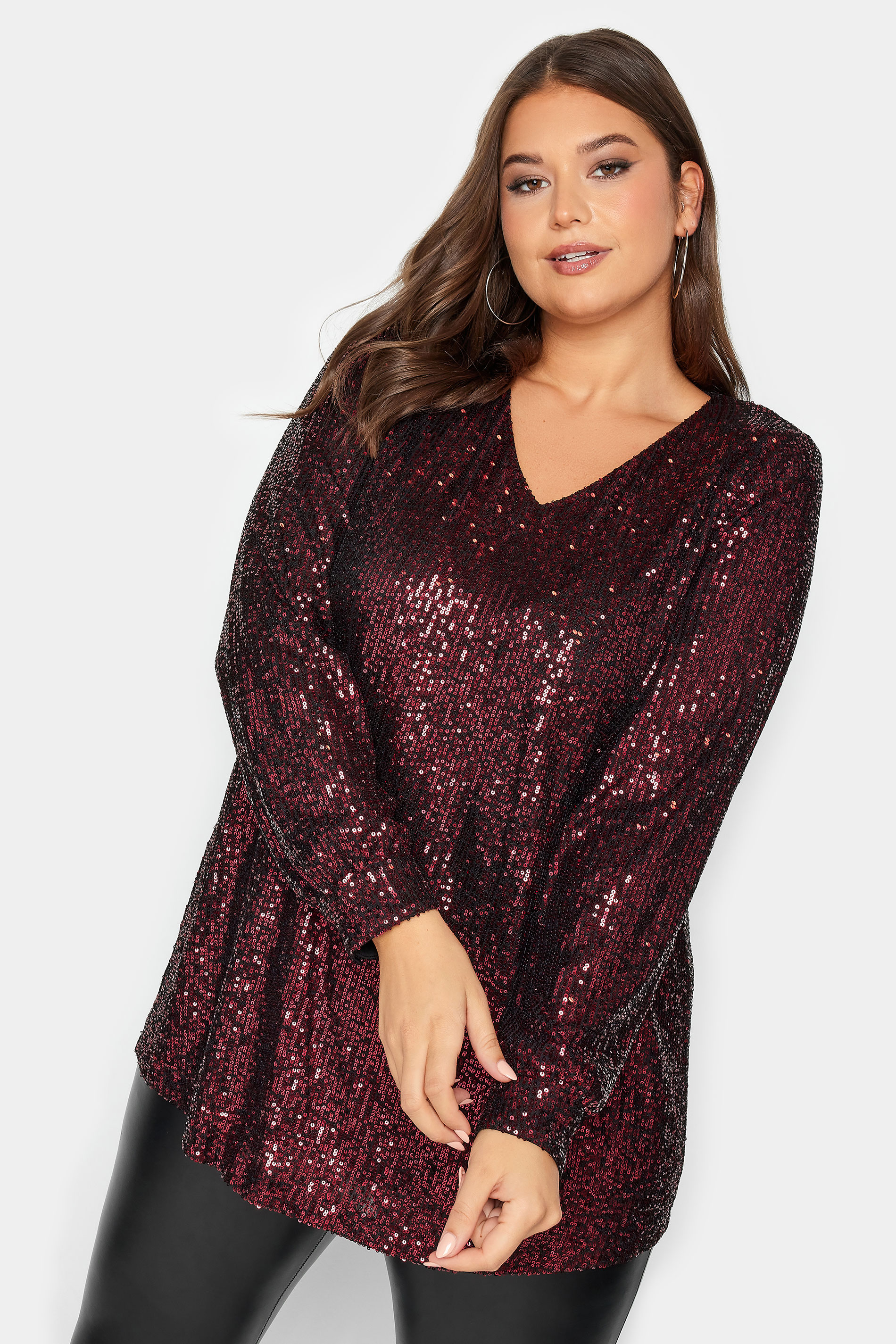 YOURS LONDON Plus Size Wine Red Sequin Embellished Long Sleeve Top | Yours Clothing 1
