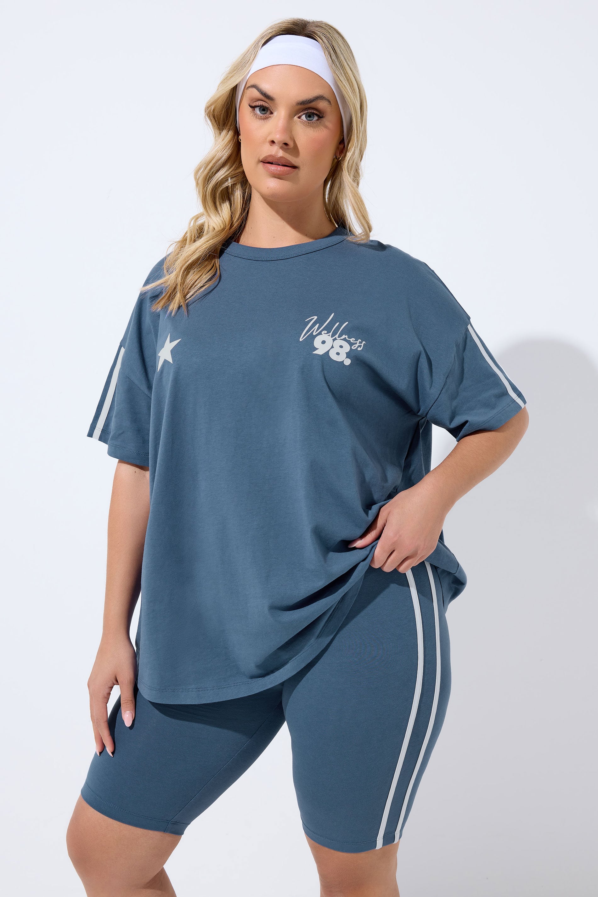 YOURS ACTIVE Plus Size Blue Side Contrast Stripe Shorts | Yours Clothing 1