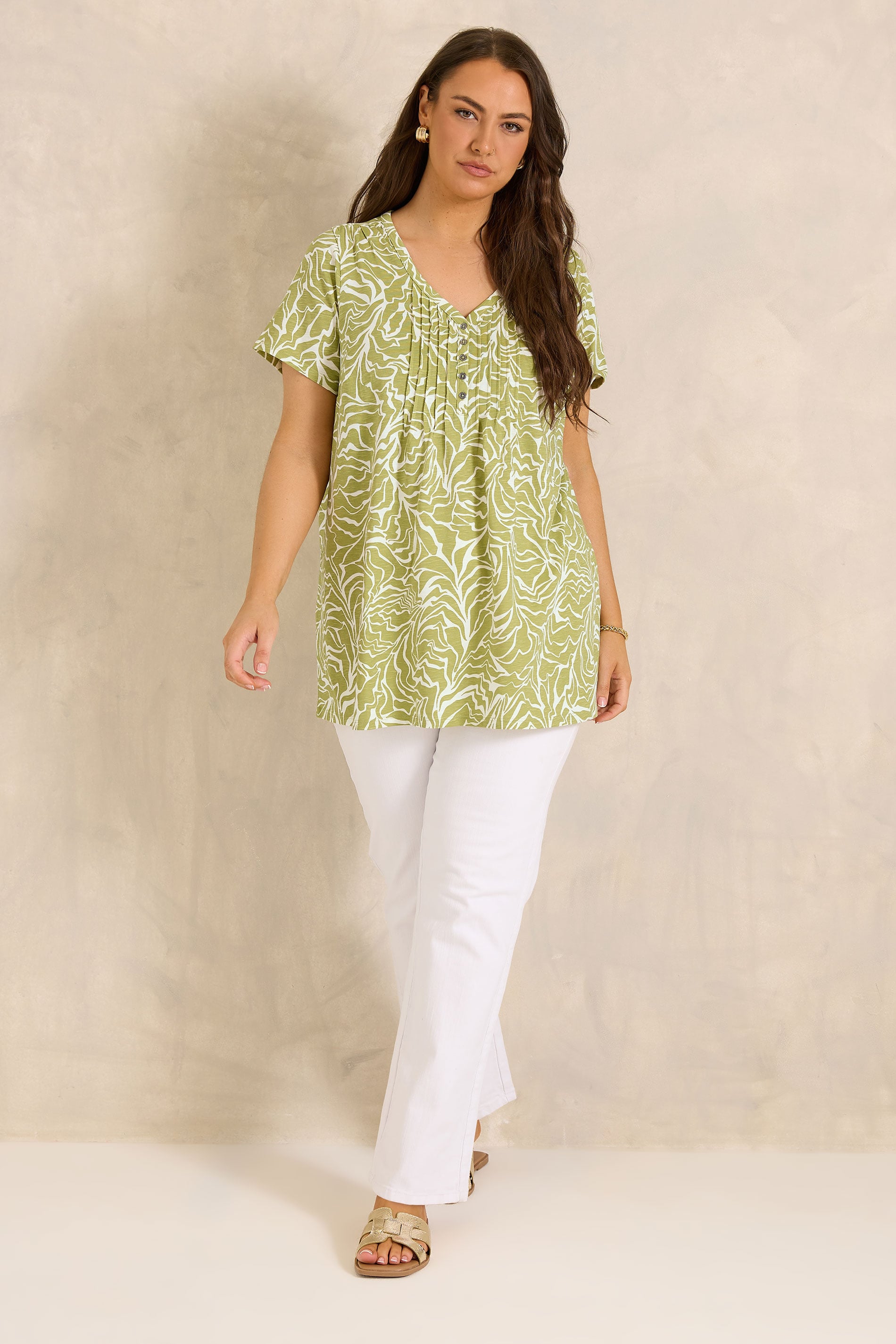 EVANS Plus Size Green Abstract Print Cotton Henley Top | Evans 1