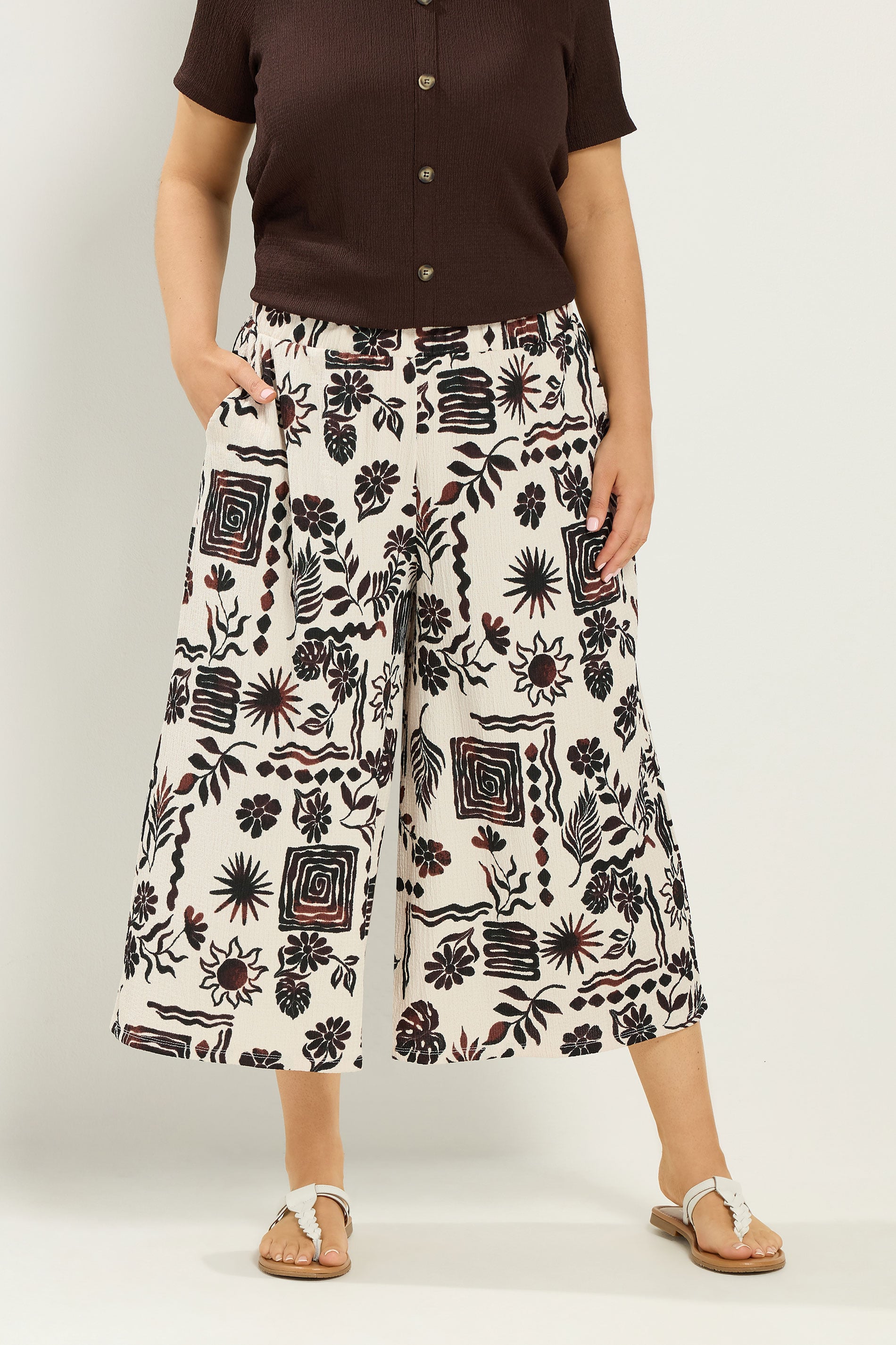 YOURS Plus Size Natural Brown Sun Print Culottes | Yours Clothing 3