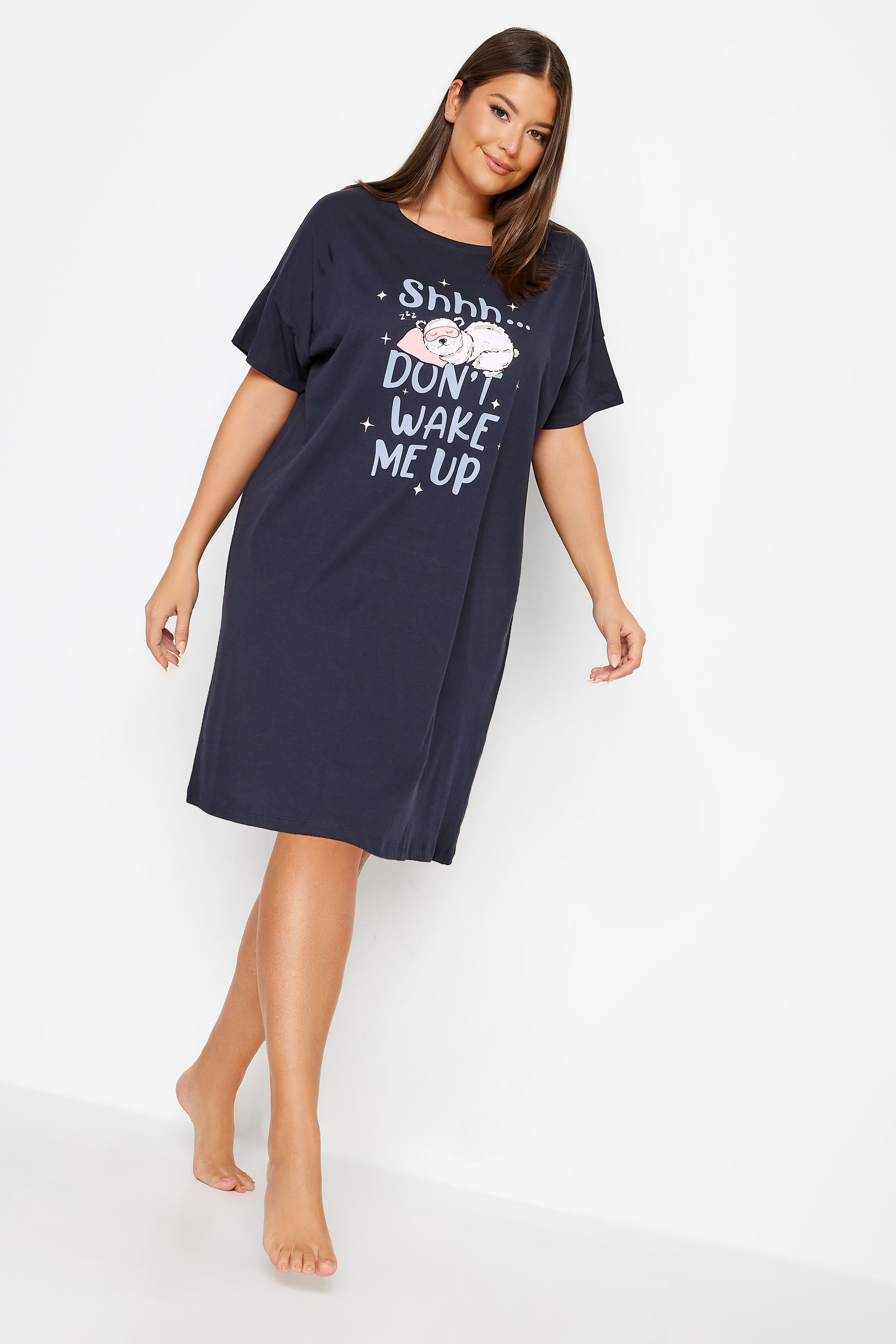 YOURS Curve Navy Blue 'Shhh..Don't Wake Me Up' Nightdress | Yours Clothing 2
