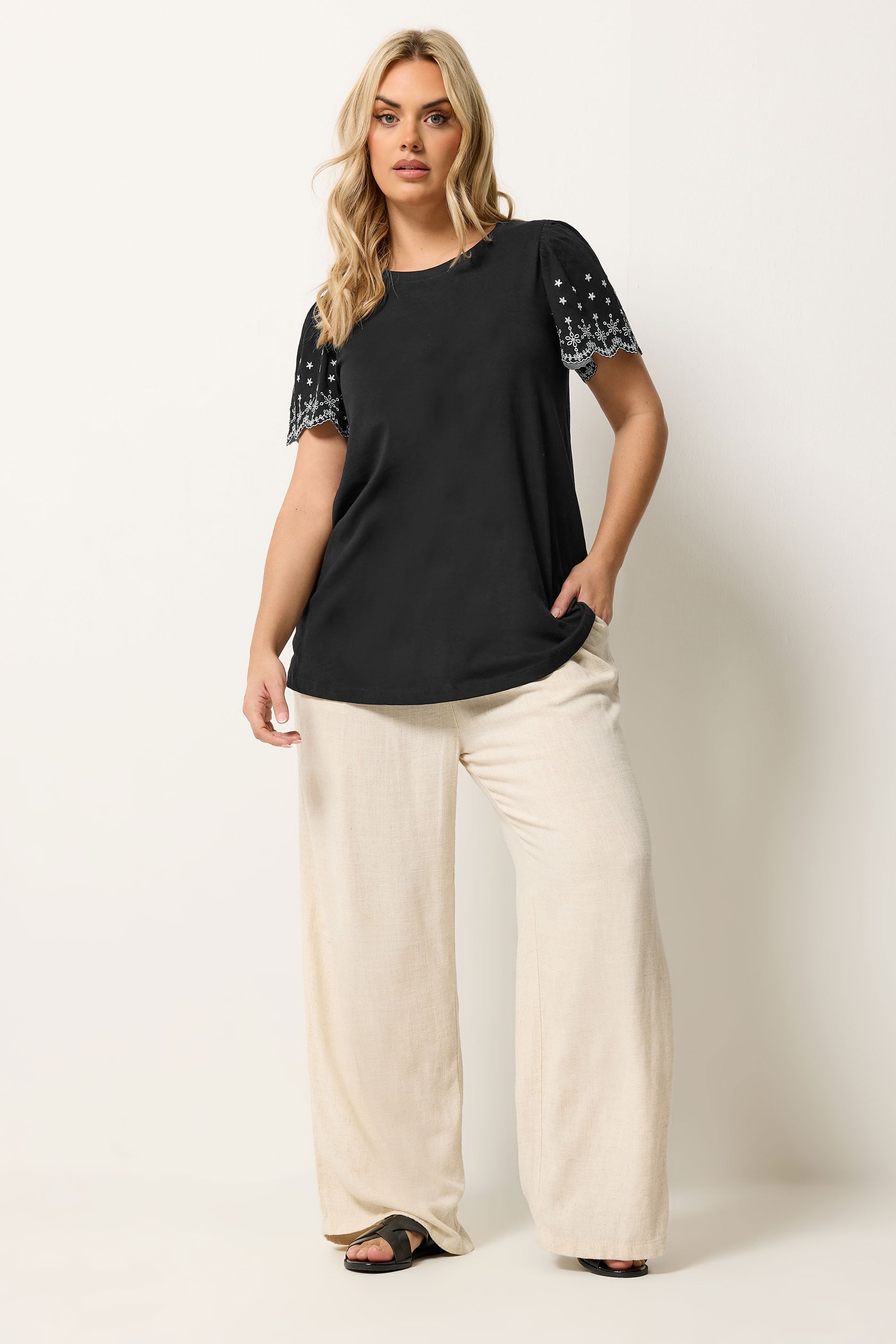 YOURS Plus Size Black Embroidered Sleeve T-Shirt | Yours Clothing 1
