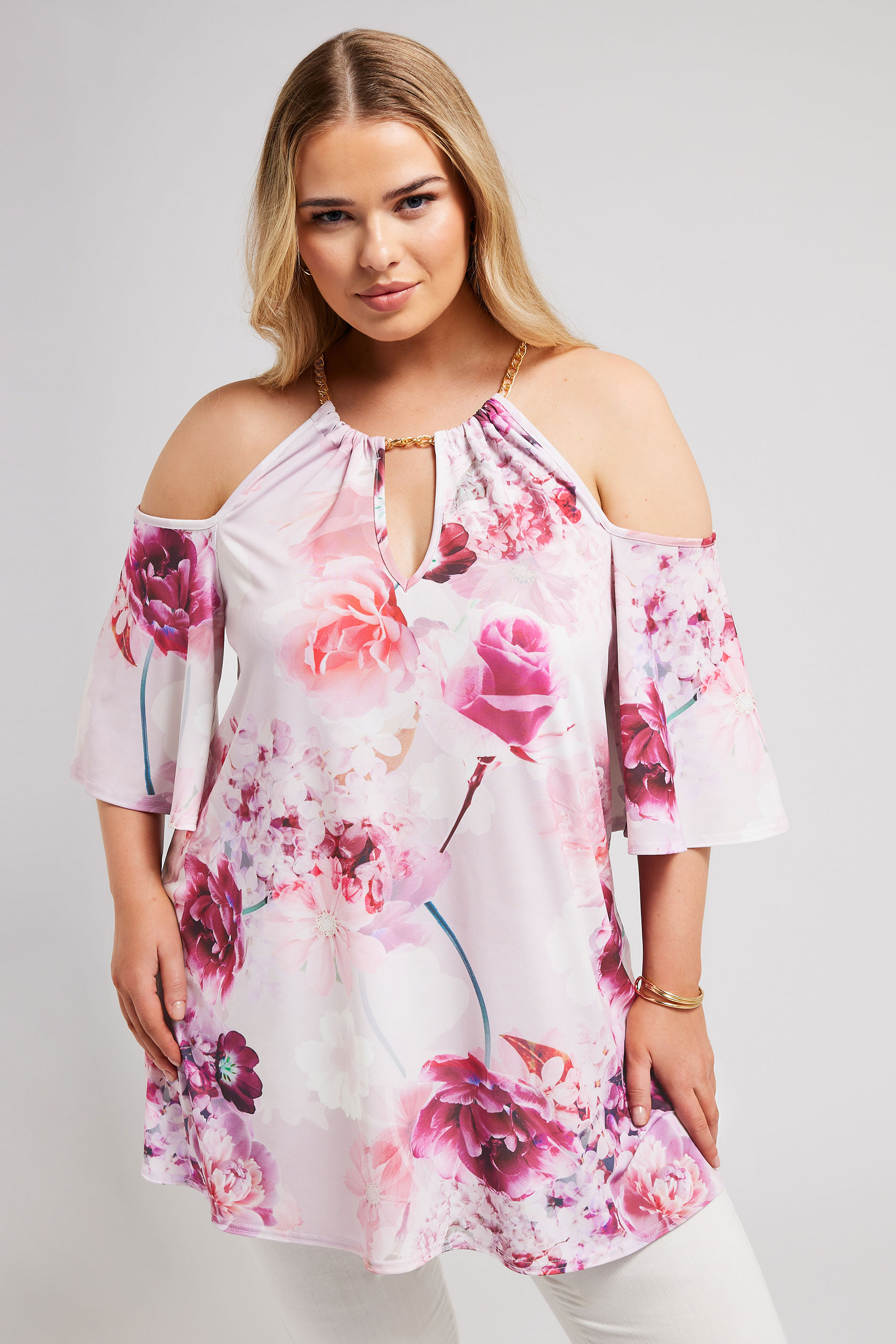 YOURS LONDON Plus Size Pink Floral Print Chain Cold Shoulder Top | Yours Clothing 2