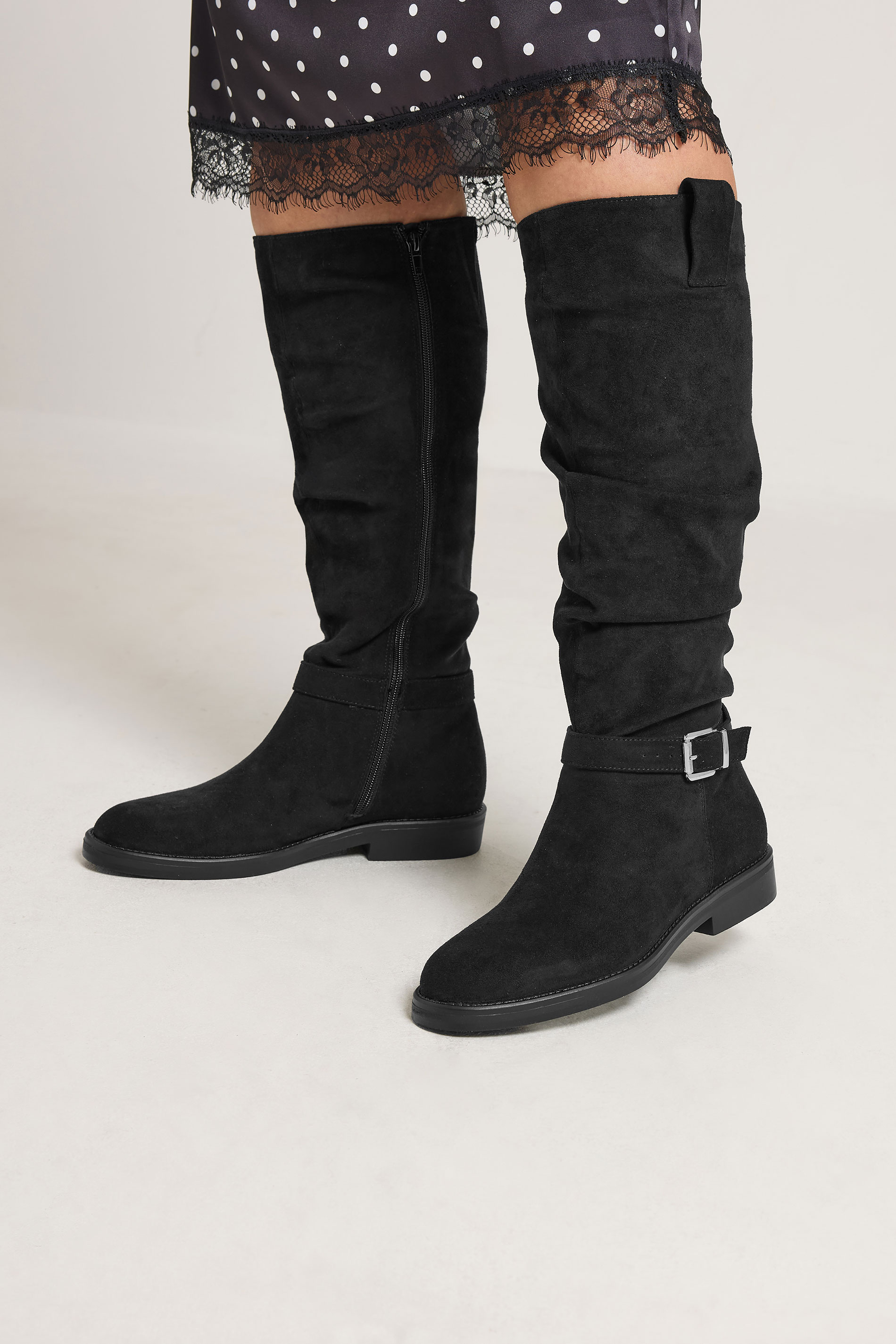 Black Faux Suede Buckle Detail Knee High Boots In Extra Wide E Fit | Yours Clothing 1