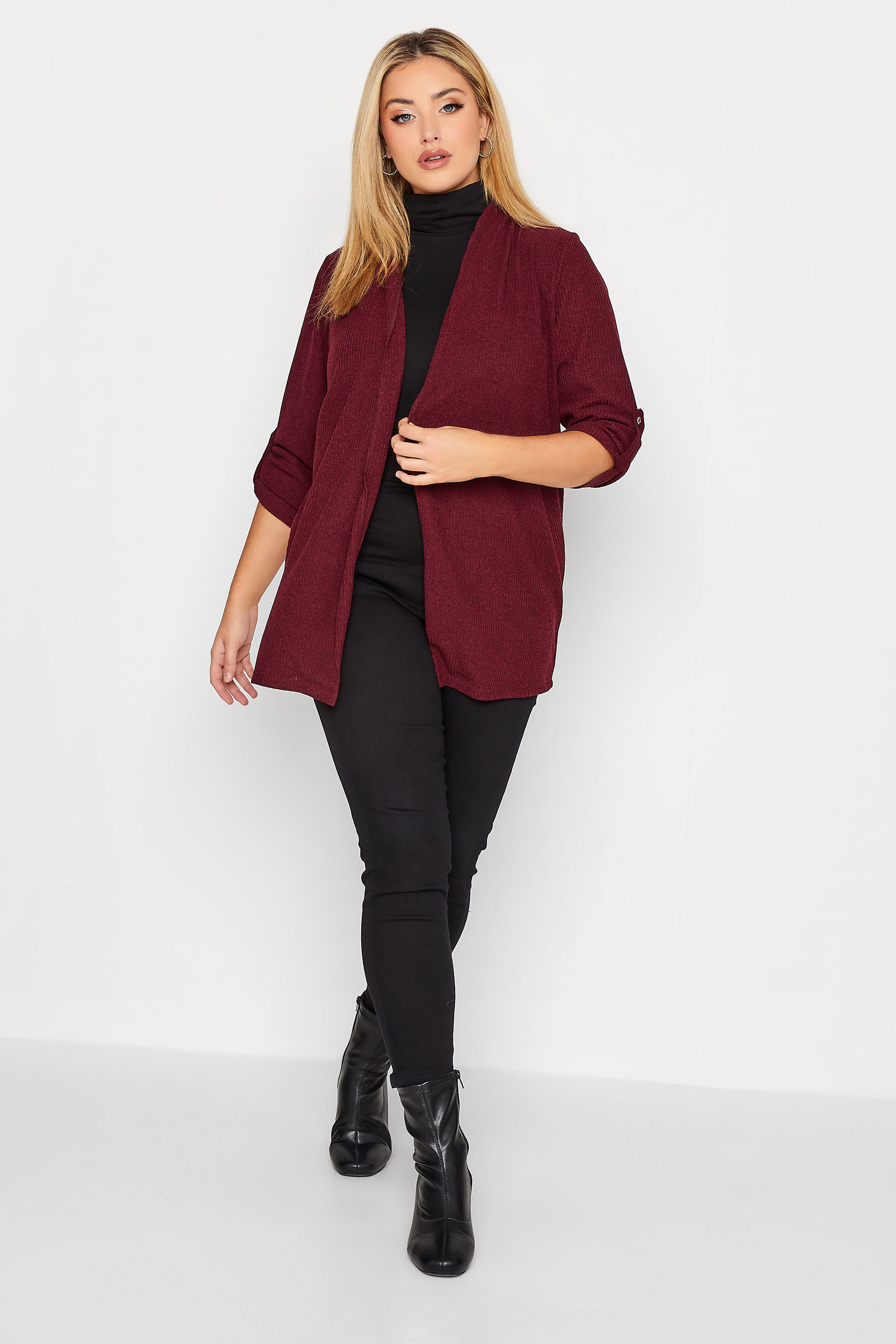 Curve Plus Size Burgundy Red Ribbed Cardigan | Yours Clothing  2