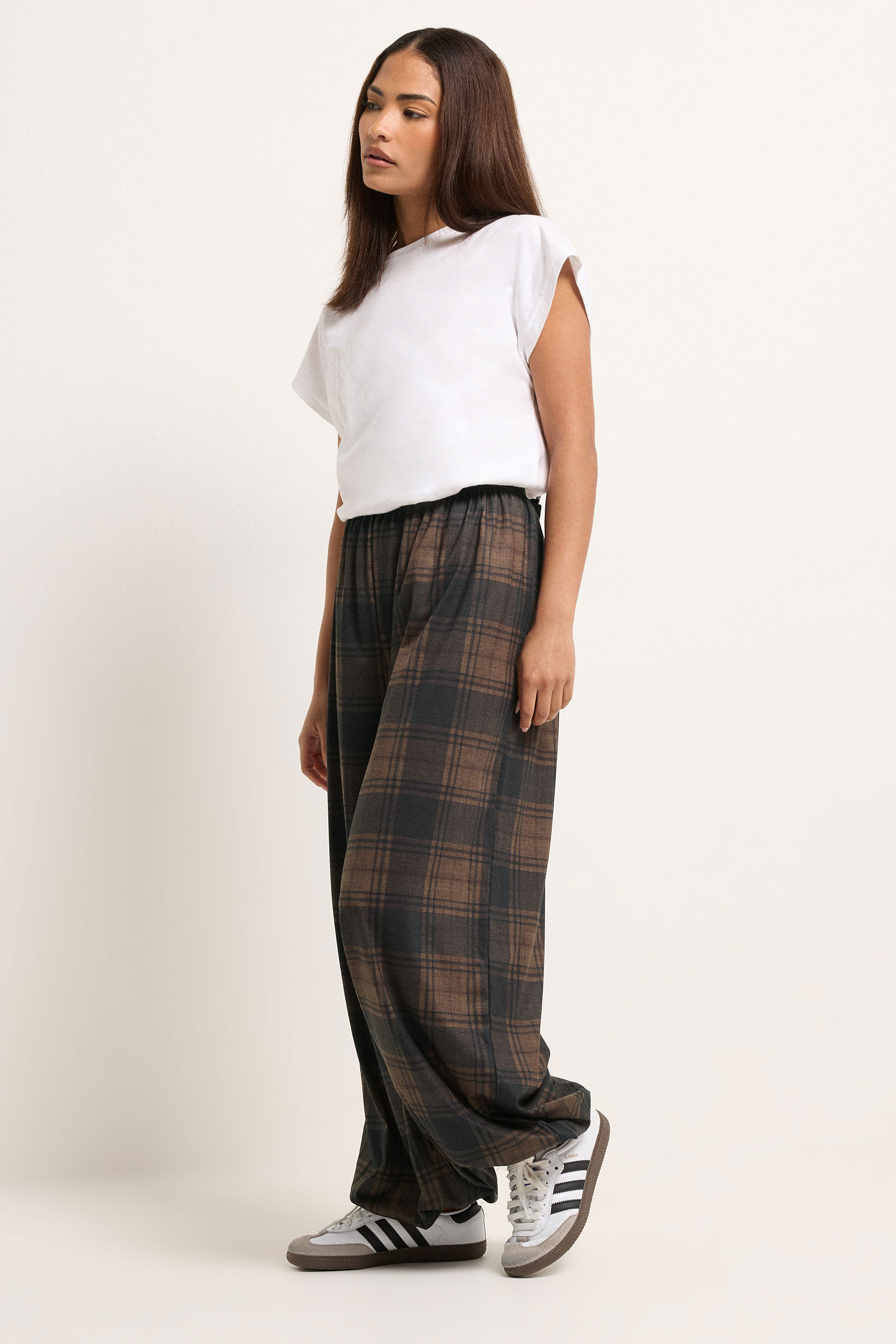 PixieGirl Petite Women's Brown Check Balloon Trousers | PixieGirl 3