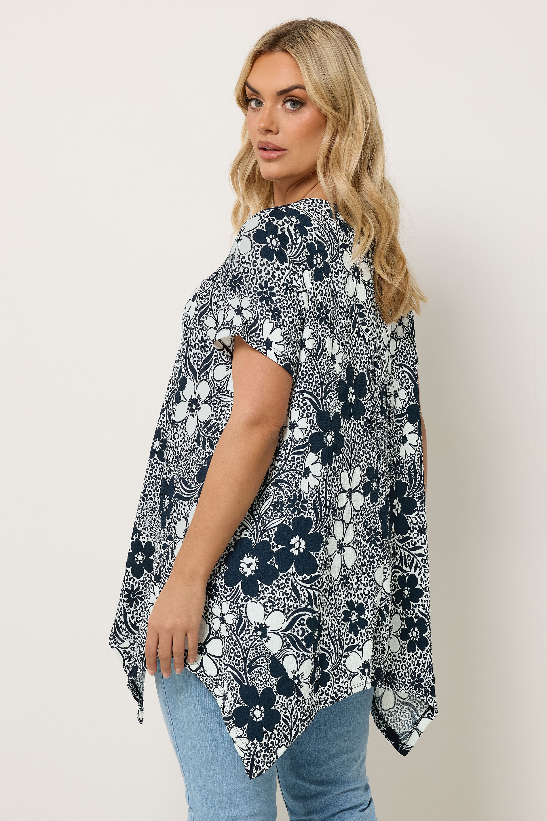 YOURS Plus Size Black Floral Hanky Hem Top | Yours Clothing 2
