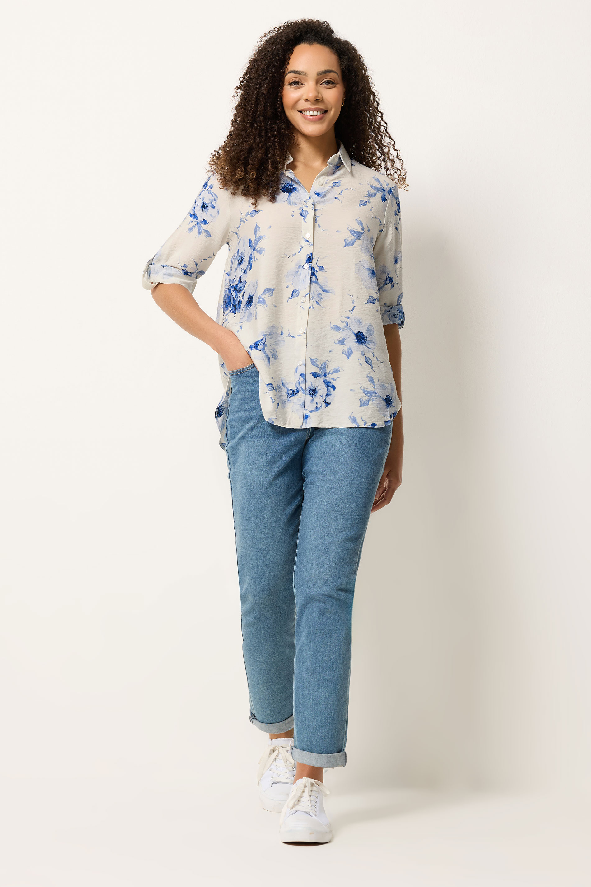 M&Co White & Blue Floral Tab Sleeve Shirt 1
