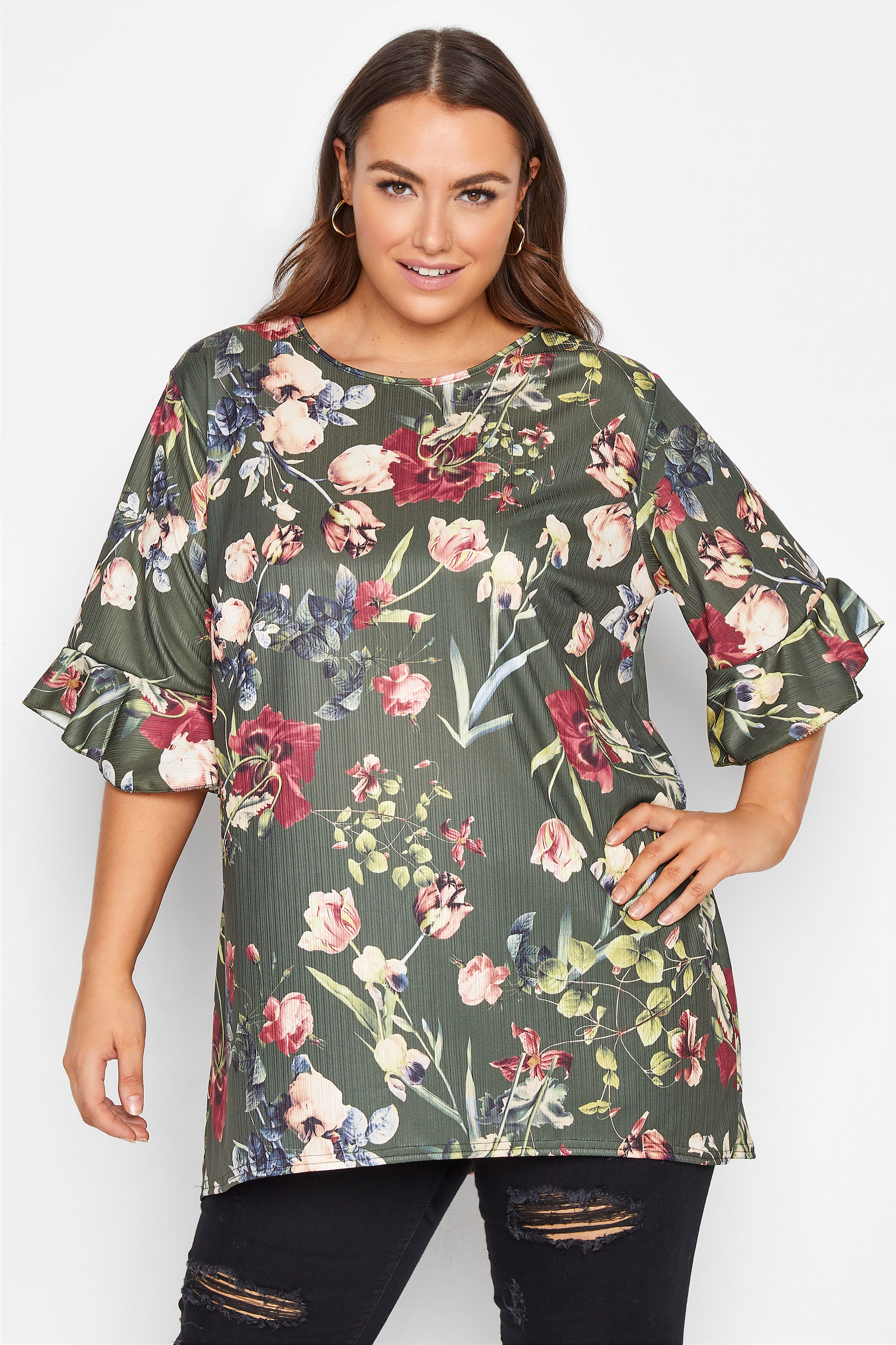 Plus Size Green Floral Print Frill Sleeve Top | Yours Clothing