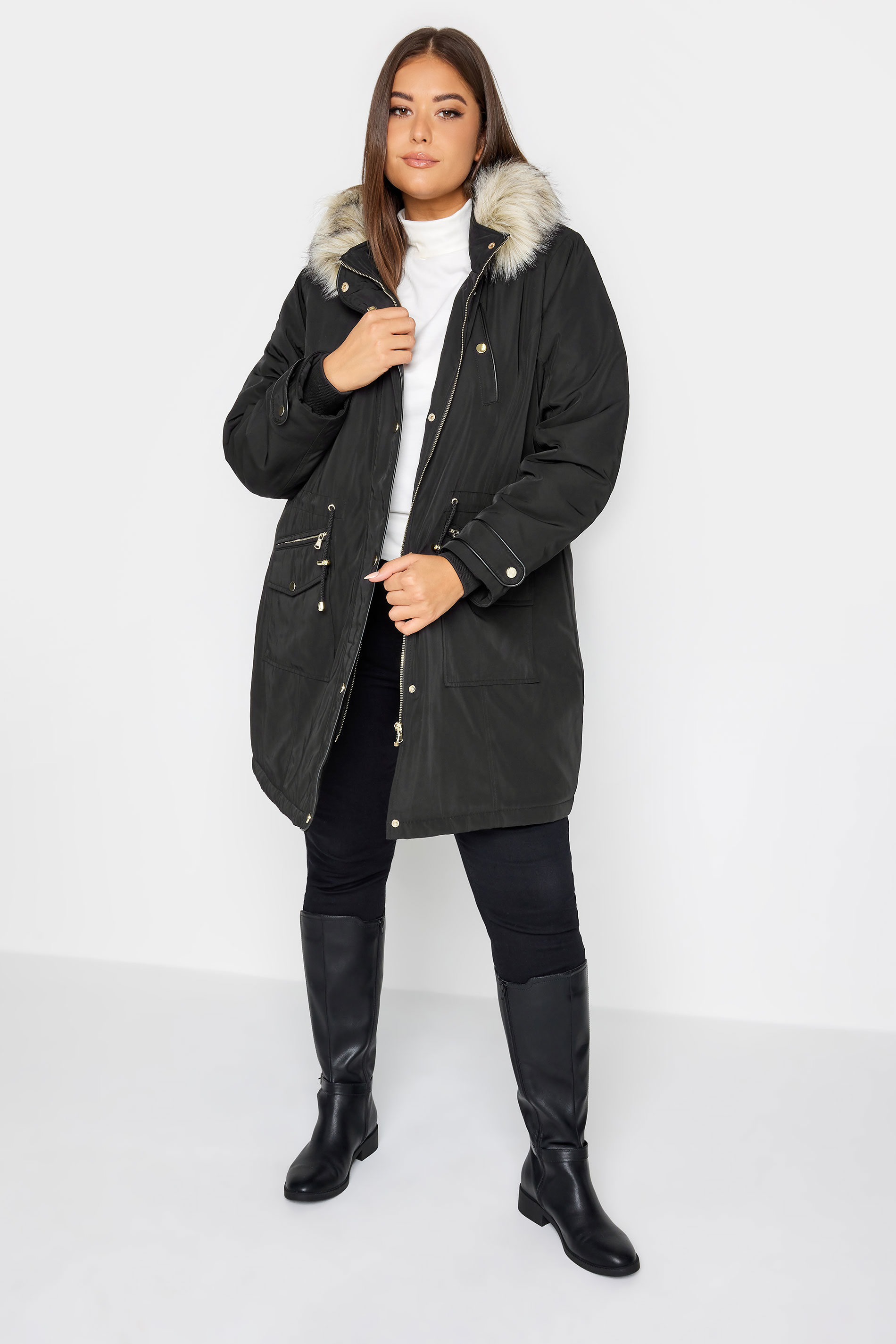YOURS Plus Size Black Faux Fur Trim Hooded Parka Coat | Yours Clothing 2
