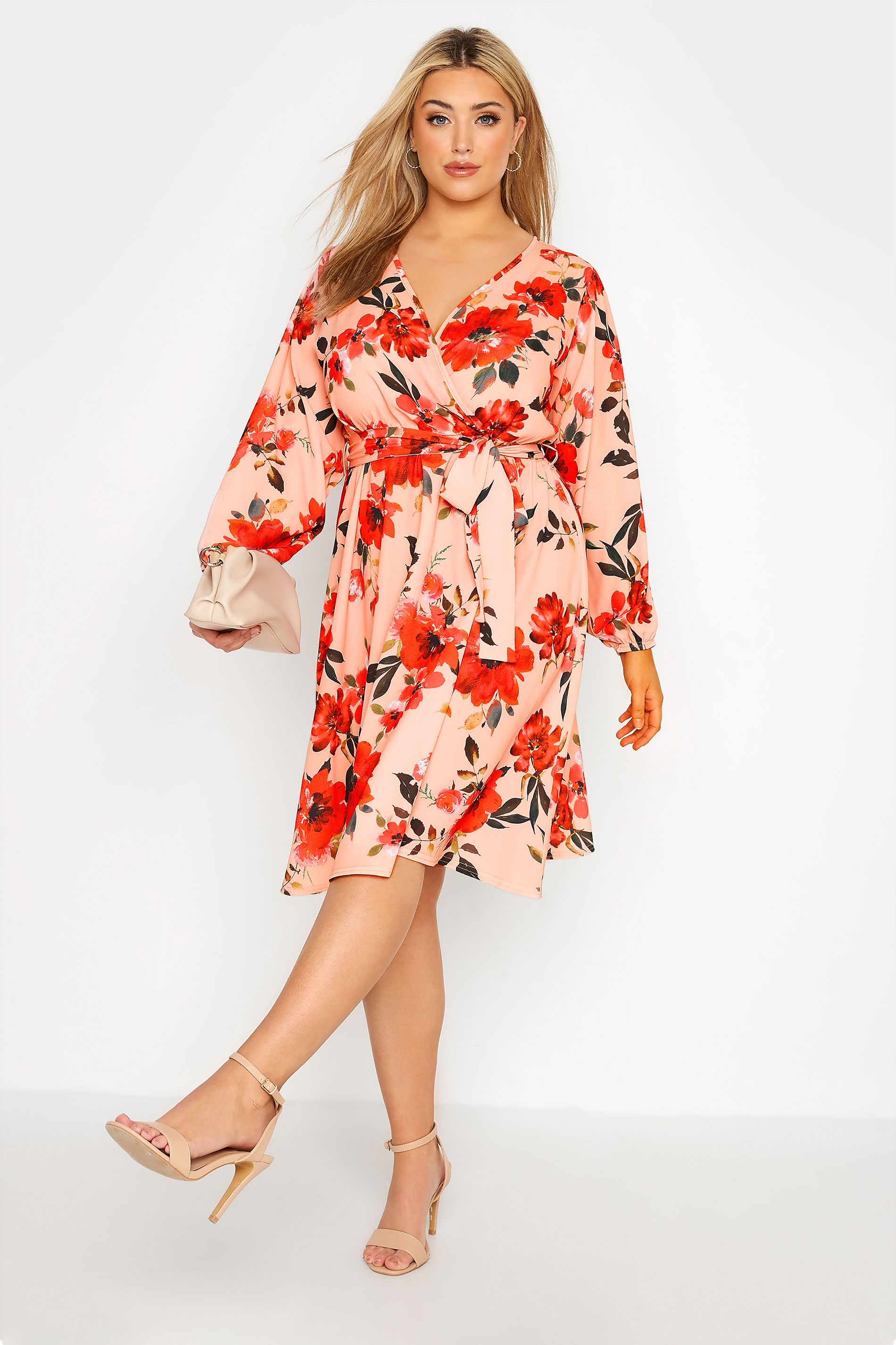 Robes Grande Taille Grande taille  Robes Portefeuilles | YOURS LONDON - Robe Rose Saumon Floral Rouge - VR21923