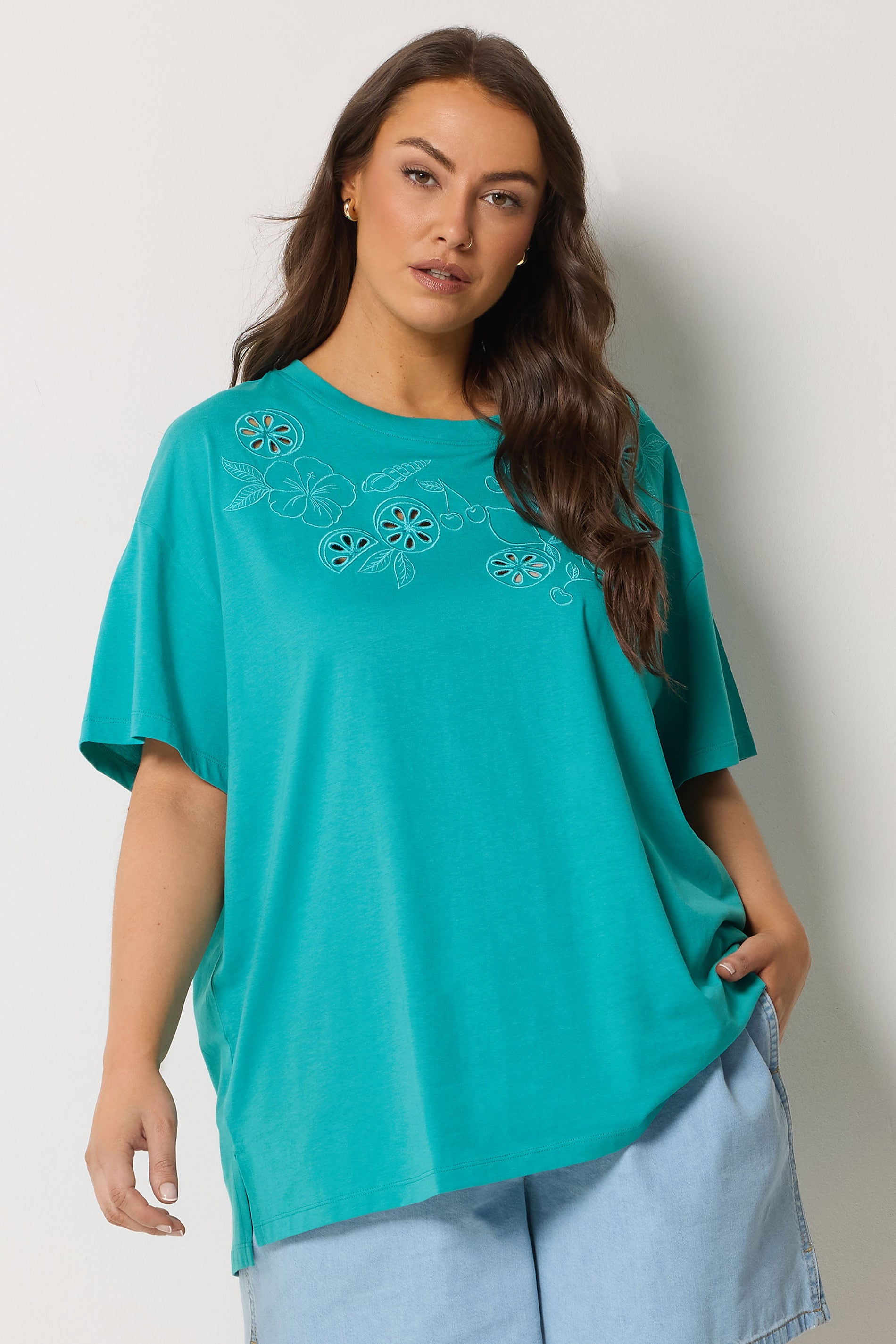 YOURS Plus Size Turquoise Blue Embroidered Fruit T-Shirt | Yours Clothing 3