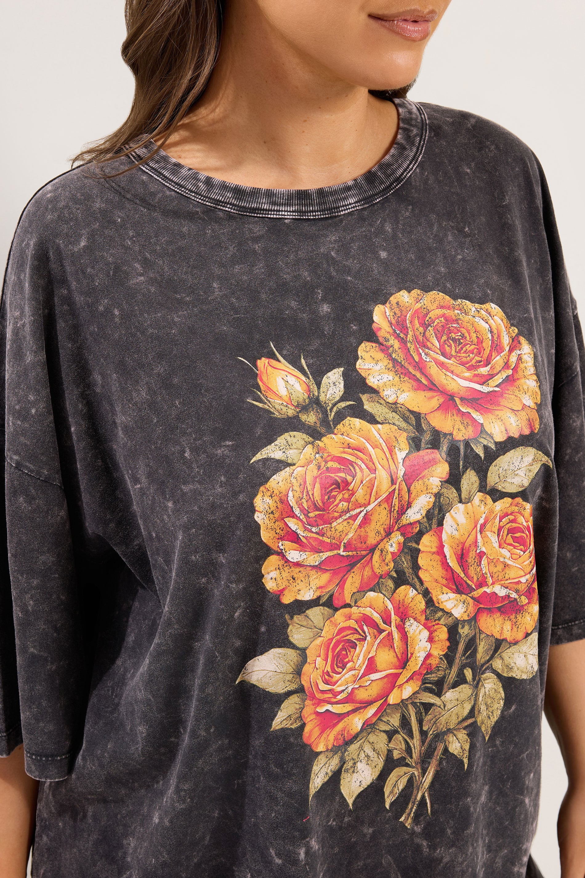 YOURS Plus Size Grey Acid Wash Rose Boxy T-Shirt | Yours Clothing 4