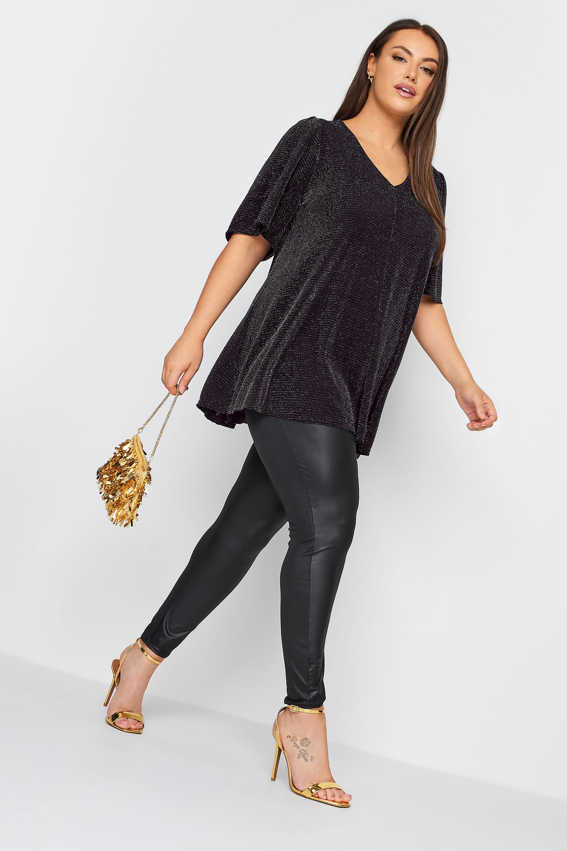YOURS Plus Size Black Glitter Pleated Swing Top | Yours Clothing 2