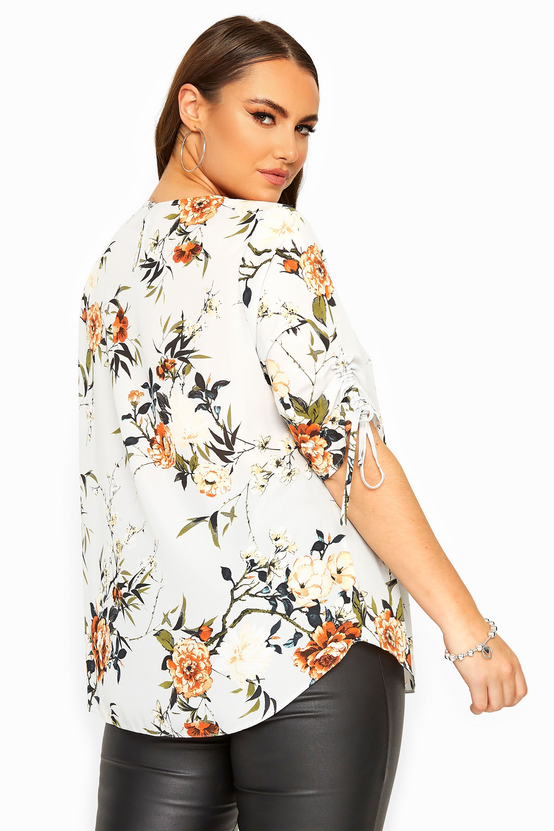 Light Blue Floral Ruched Sleeve Blouse | Yours Clothing