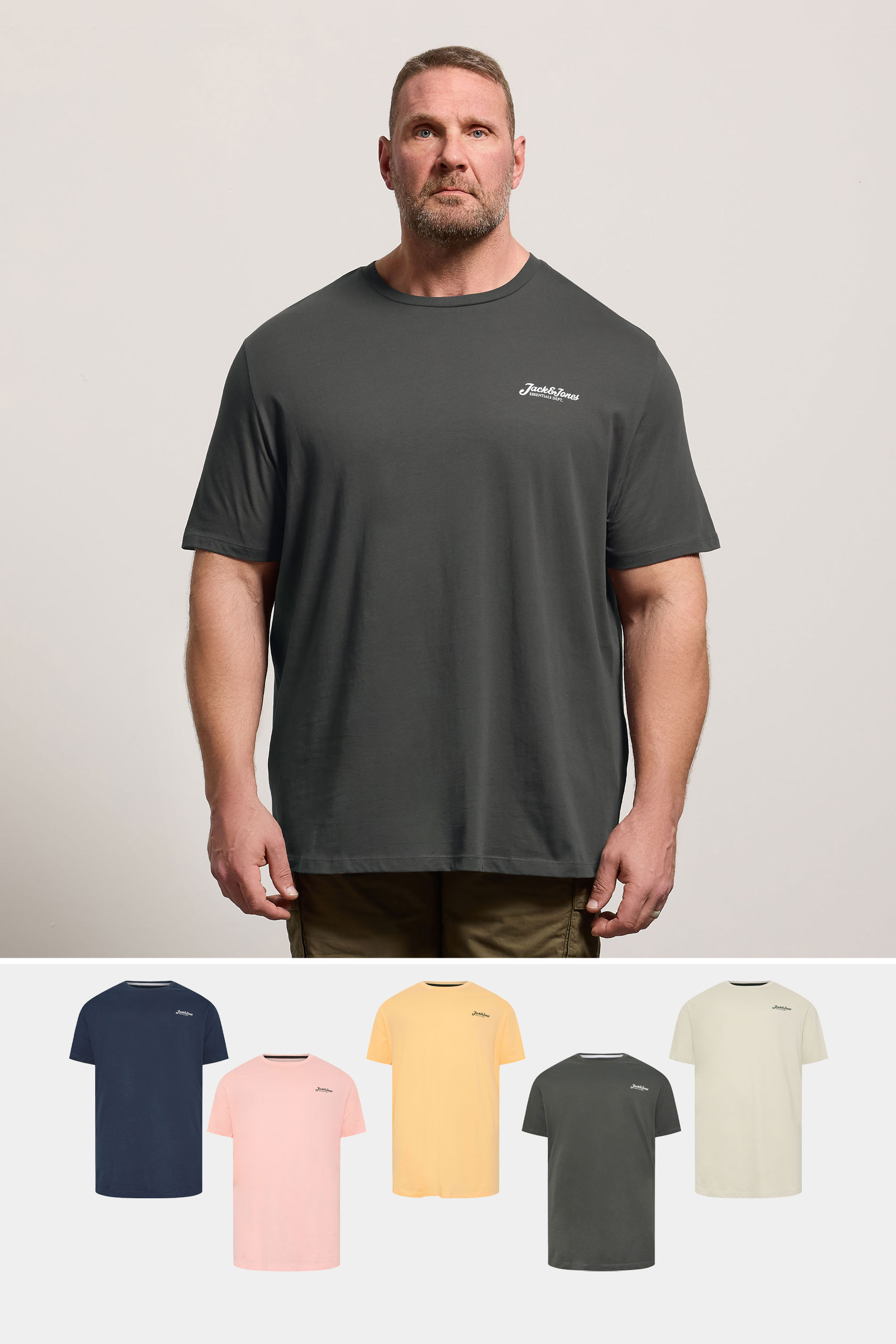 JACK & JONES Big & Tall 5 Pack Blue/Off-White/Yellow/Green/Pink Core T-Shirts | BadRhino 1