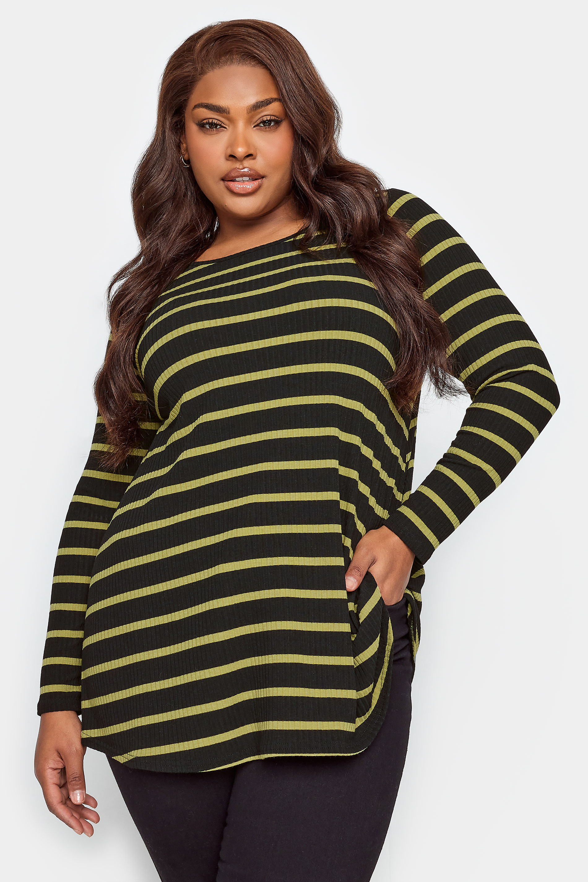 YOURS Plus Size Black & Green Striped Long Sleeve Swing Top  | Yours Clothing 1